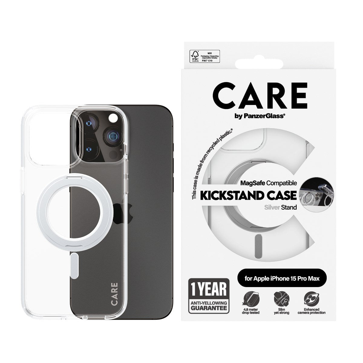 CARE by PanzerGlass® Feature Case Transparent m. Silber Kickstand & MagSafe iPhone 15 Pro Max