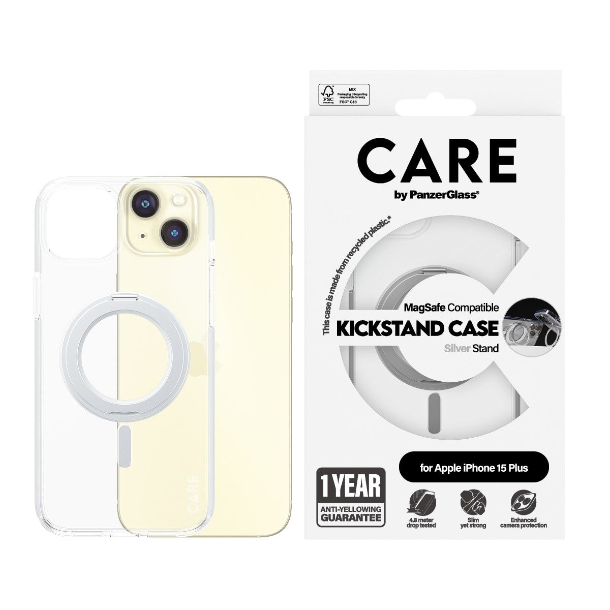 CARE™ by PanzerGlass® Case Transparent m. Silber Kickstand & MagSafe iPhone 15 Plus