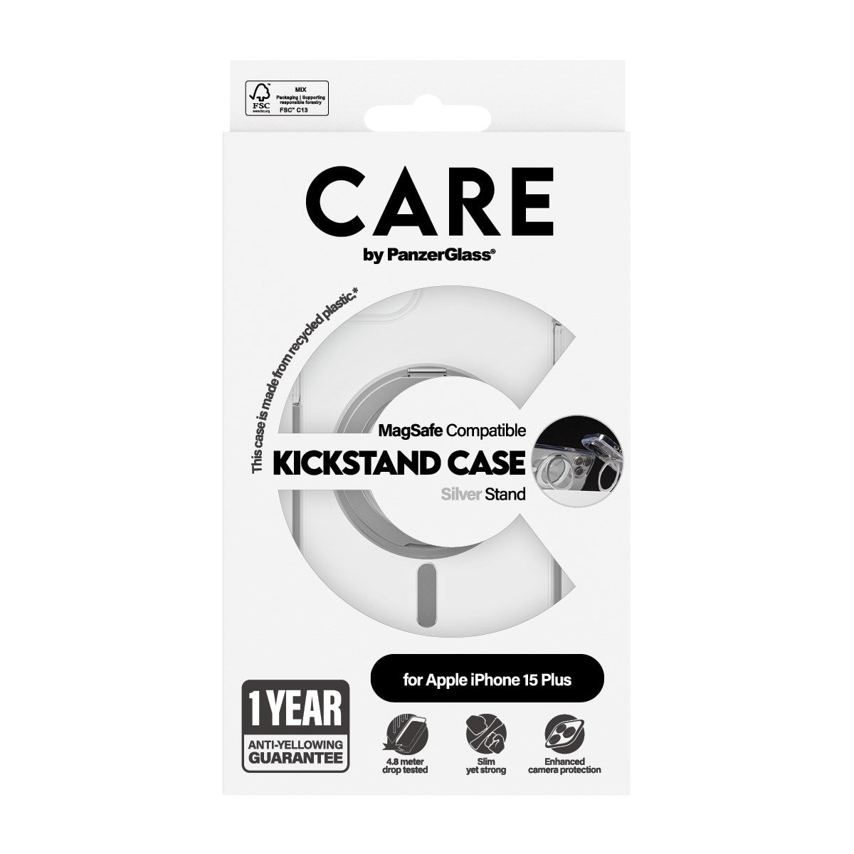 CARE™ by PanzerGlass® Case Transparent m. Silber Kickstand & MagSafe iPhone 15 Plus