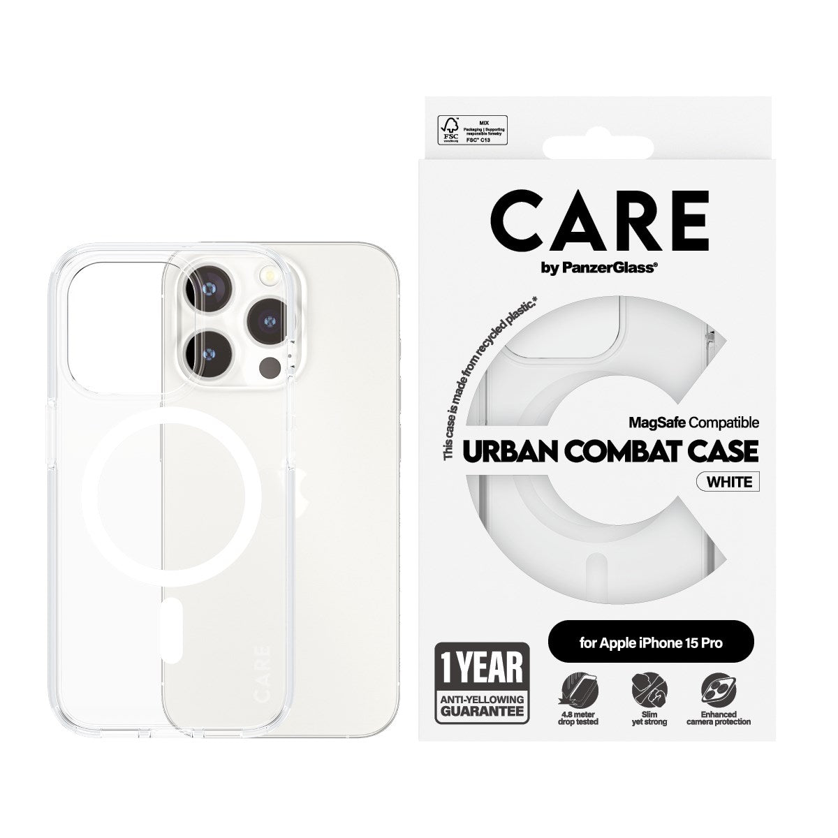 CARE by PanzerGlass® Flagship Case Transparent Urban Combat m. Weiß MagSafe iPhone 15 Pro