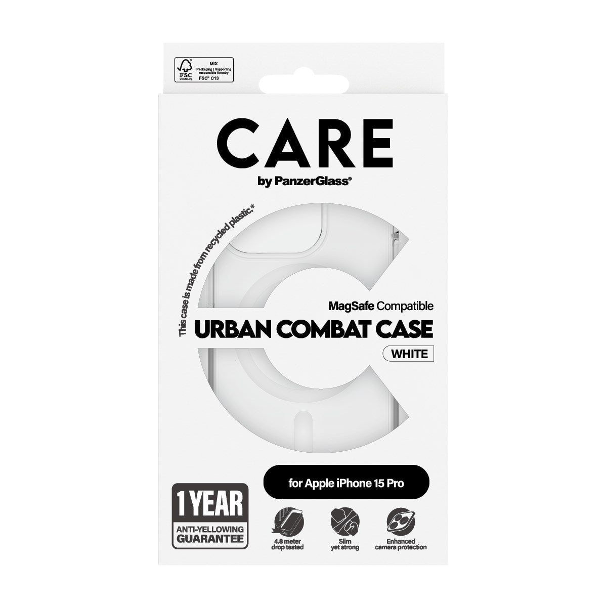 CARE by PanzerGlass® Flagship Case Transparent Urban Combat m. Weiß MagSafe iPhone 15 Pro