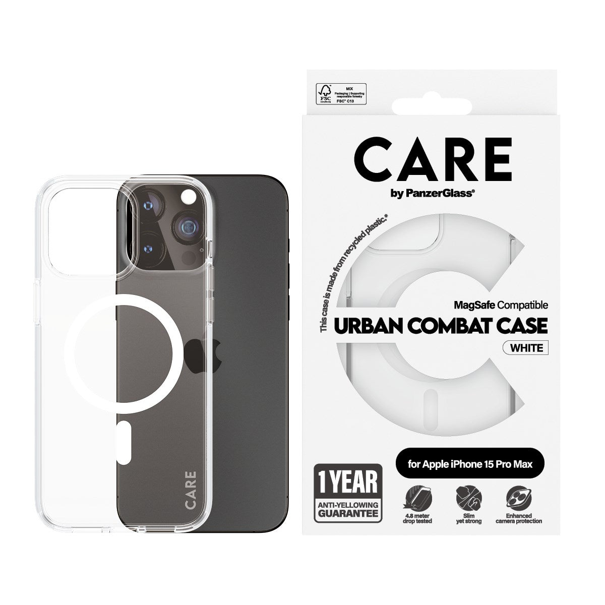CARE by PanzerGlass® Flagship Case Transparent Urban Combat m. Weiß MagSafe iPhone 15 Pro Max