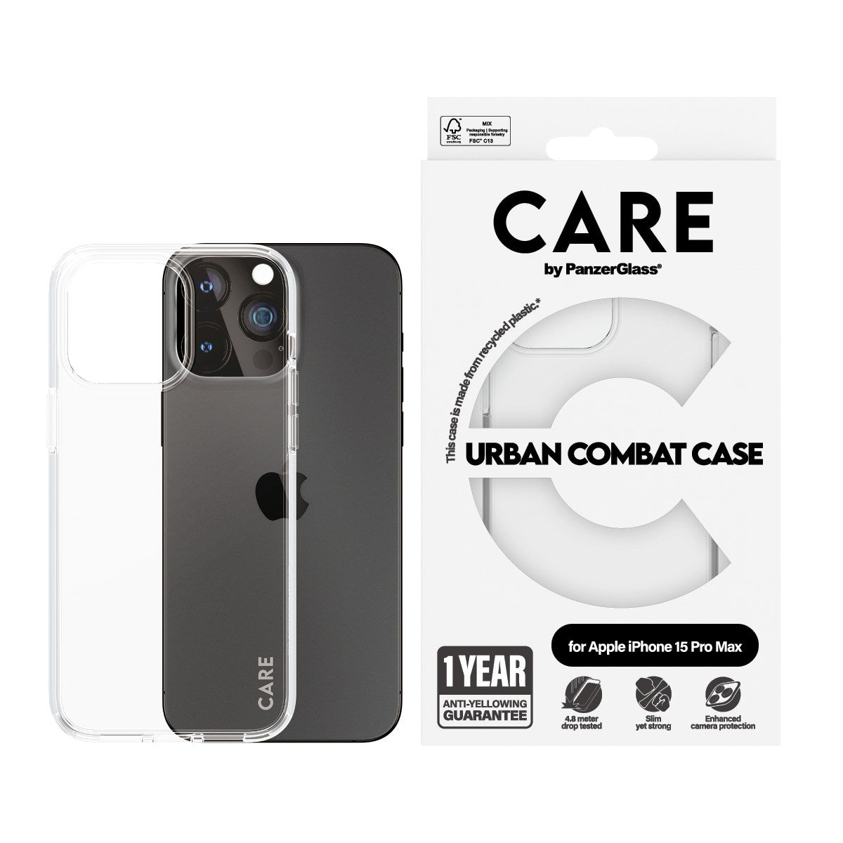 CARE by PanzerGlass® Flagship Case Transparent Urban Combat m. Klarer Rahmen iPhone 15 Pro Max