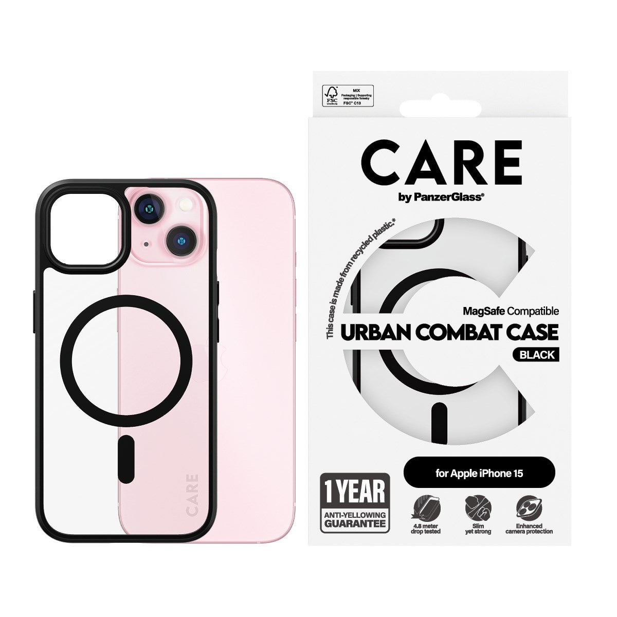 CARE by PanzerGlass® Flagship Case Transparent Urban Combat m. Schwarz MagSafe iPhone 15