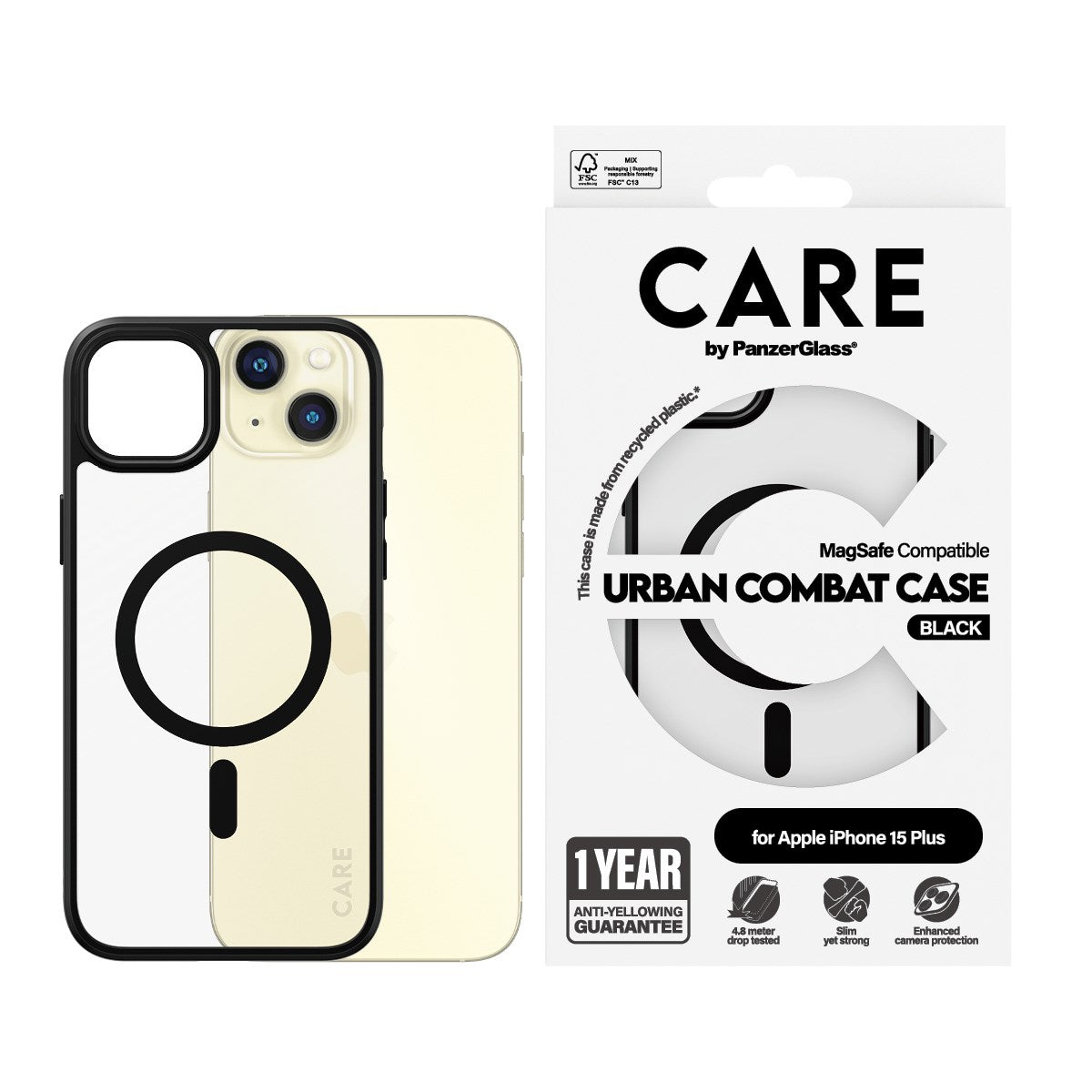 CARE by PanzerGlass® Flagship Case Transparent Urban Combat m. Schwarz MagSafe iPhone 15 Plus
