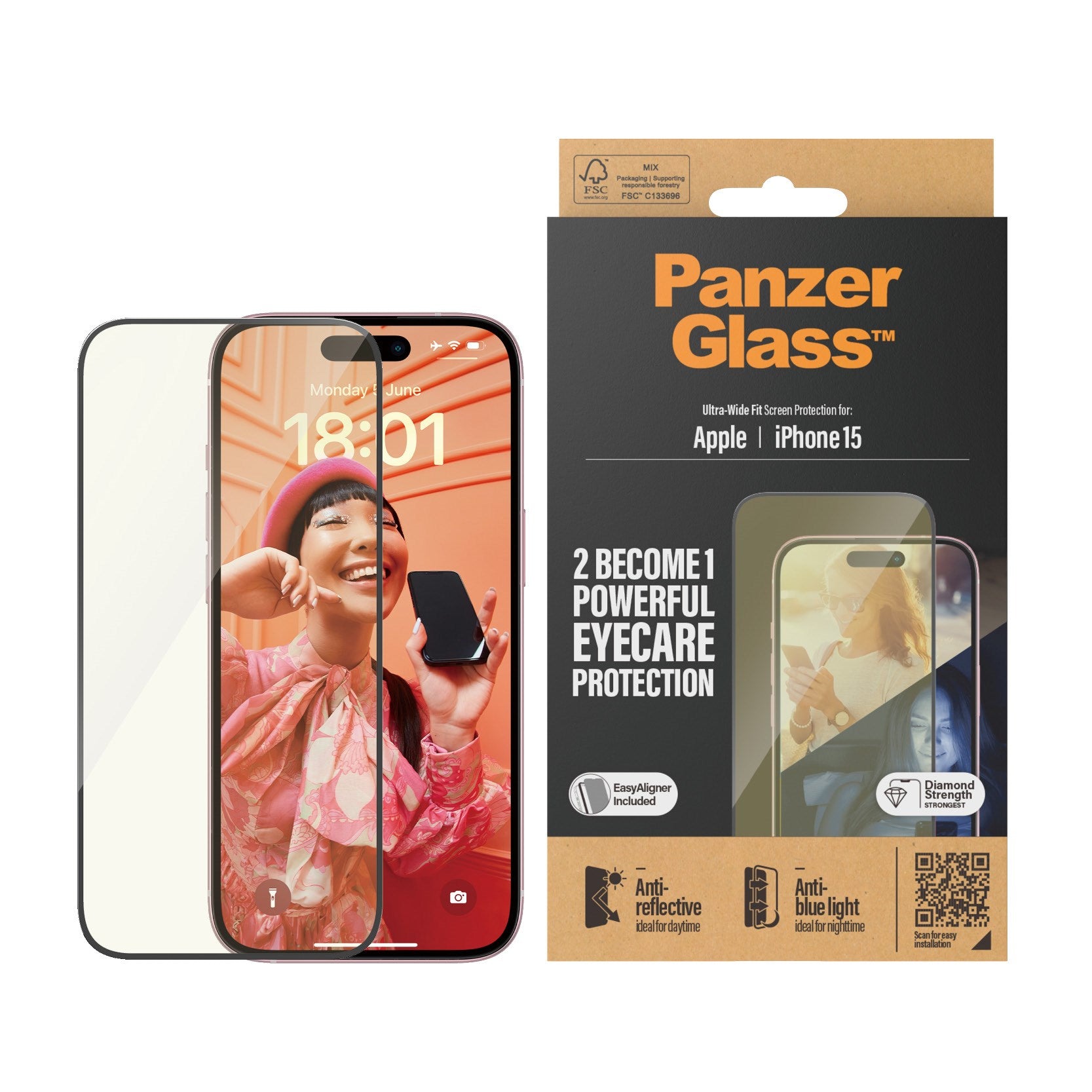 PanzerGlass® Eyecare Displayschutz iPhone 15 | Ultra-Wide Fit m. EasyAligner