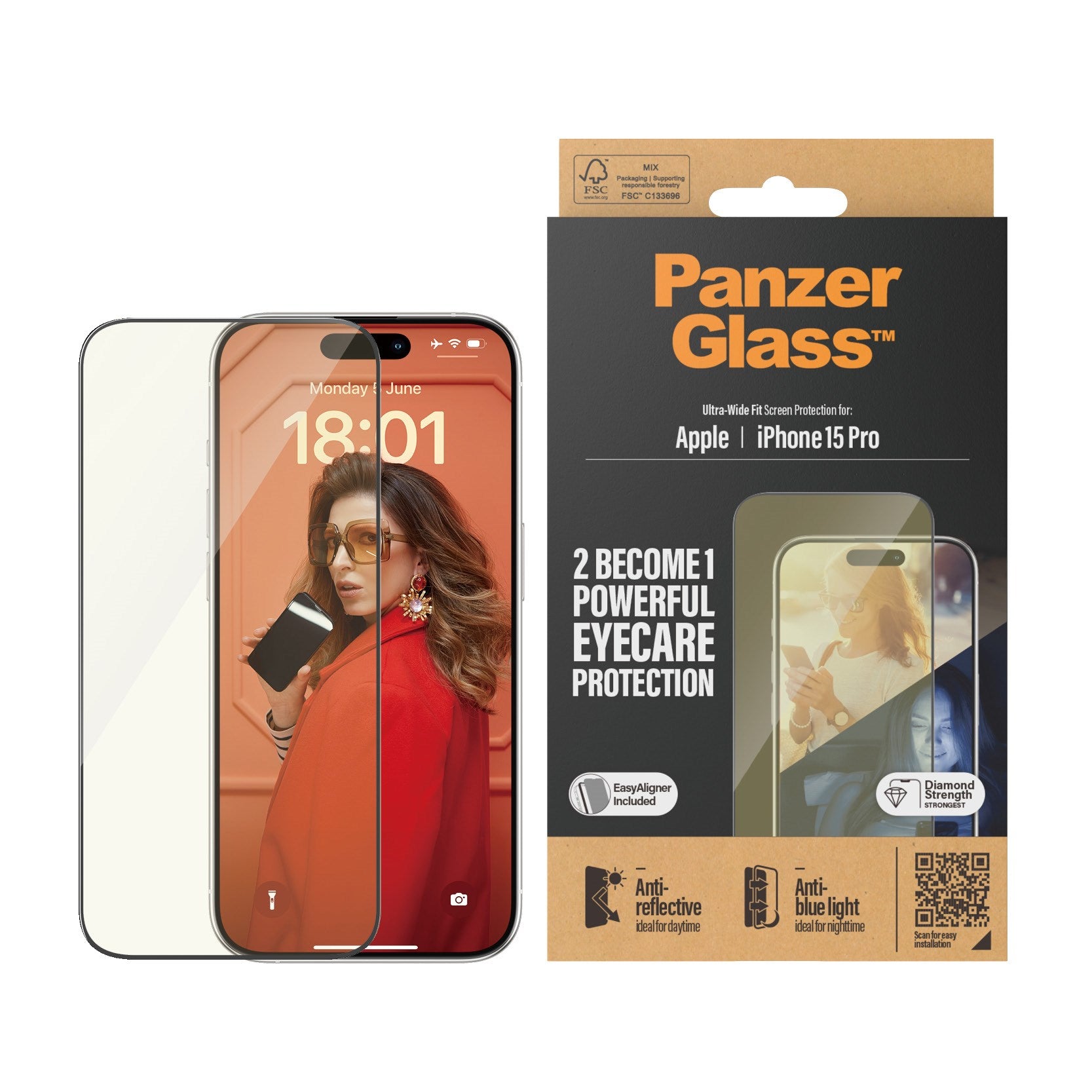 PanzerGlass® Eyecare Displayschutz iPhone 15 Pro | Ultra-Wide Fit m. EasyAligner