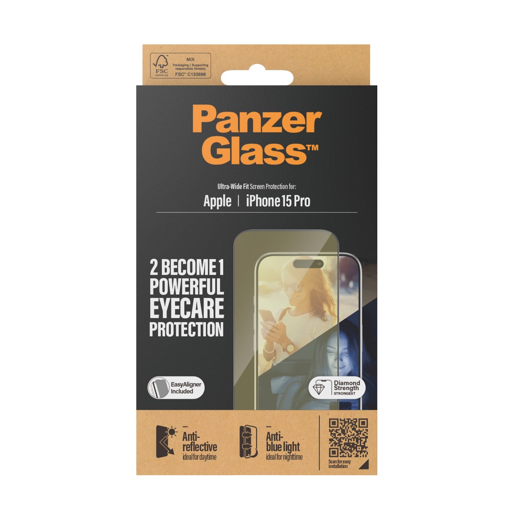 PanzerGlass® Eyecare Displayschutz iPhone 15 Pro | Ultra-Wide Fit m. EasyAligner