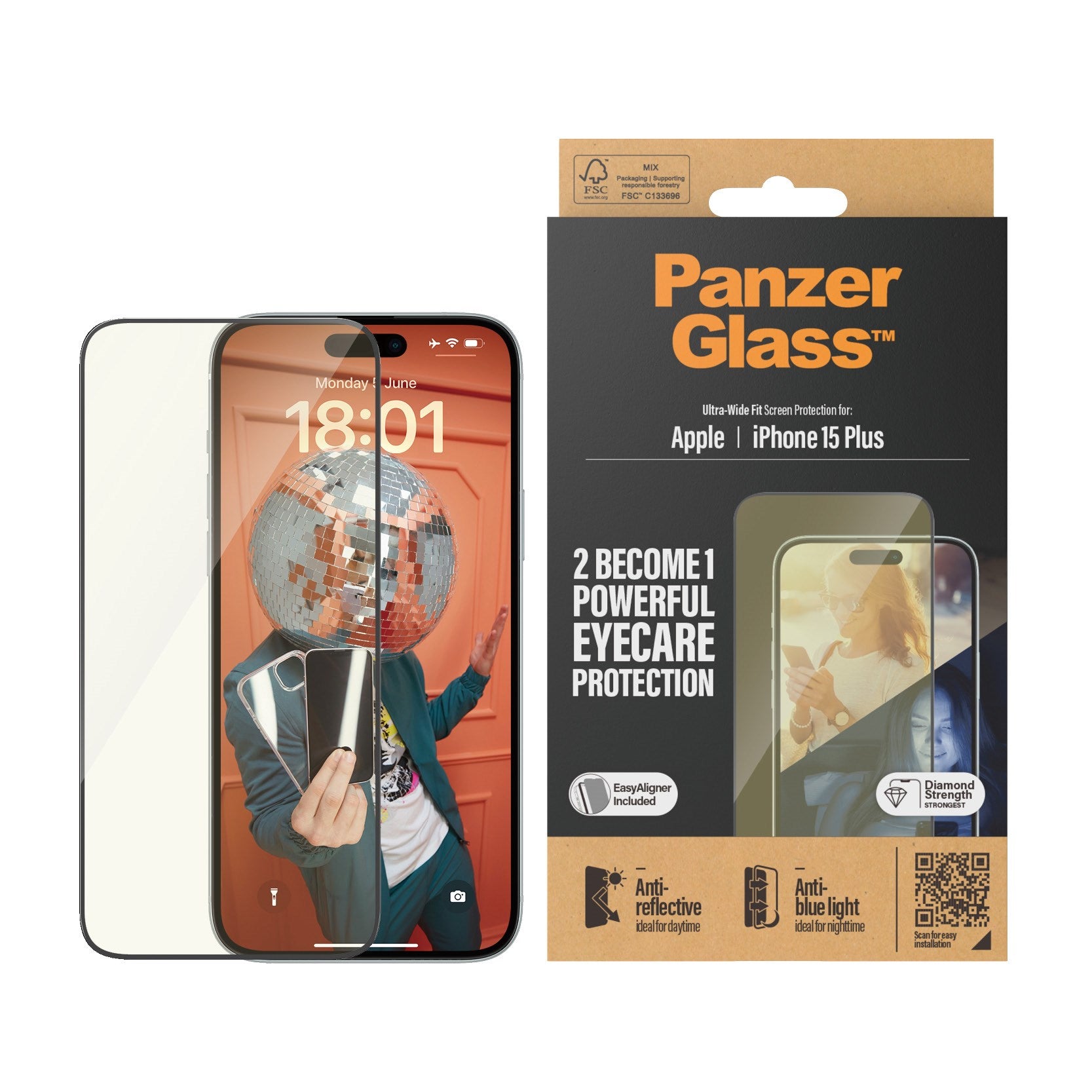 PanzerGlass® Eyecare Displayschutz iPhone 15 Plus | Ultra-Wide Fit m. EasyAligner