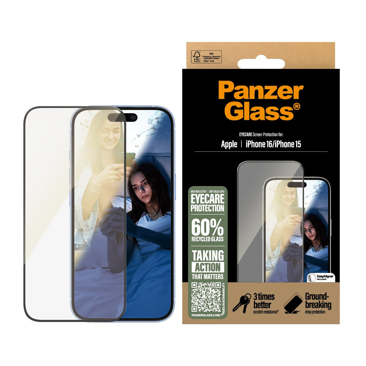 PanzerGlass® EyeCare Displayschutz iPhone 16 | 15 | Ultra-Wide Fit