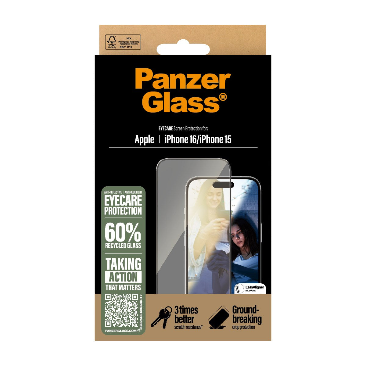 PanzerGlass® EyeCare Displayschutz iPhone 16 | 15 | Ultra-Wide Fit