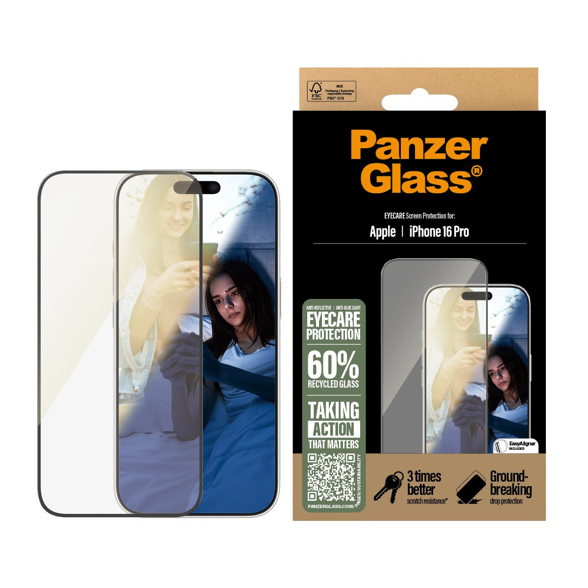 PanzerGlass® EyeCare Displayschutz iPhone 16 Pro | Ultra-Wide Fit