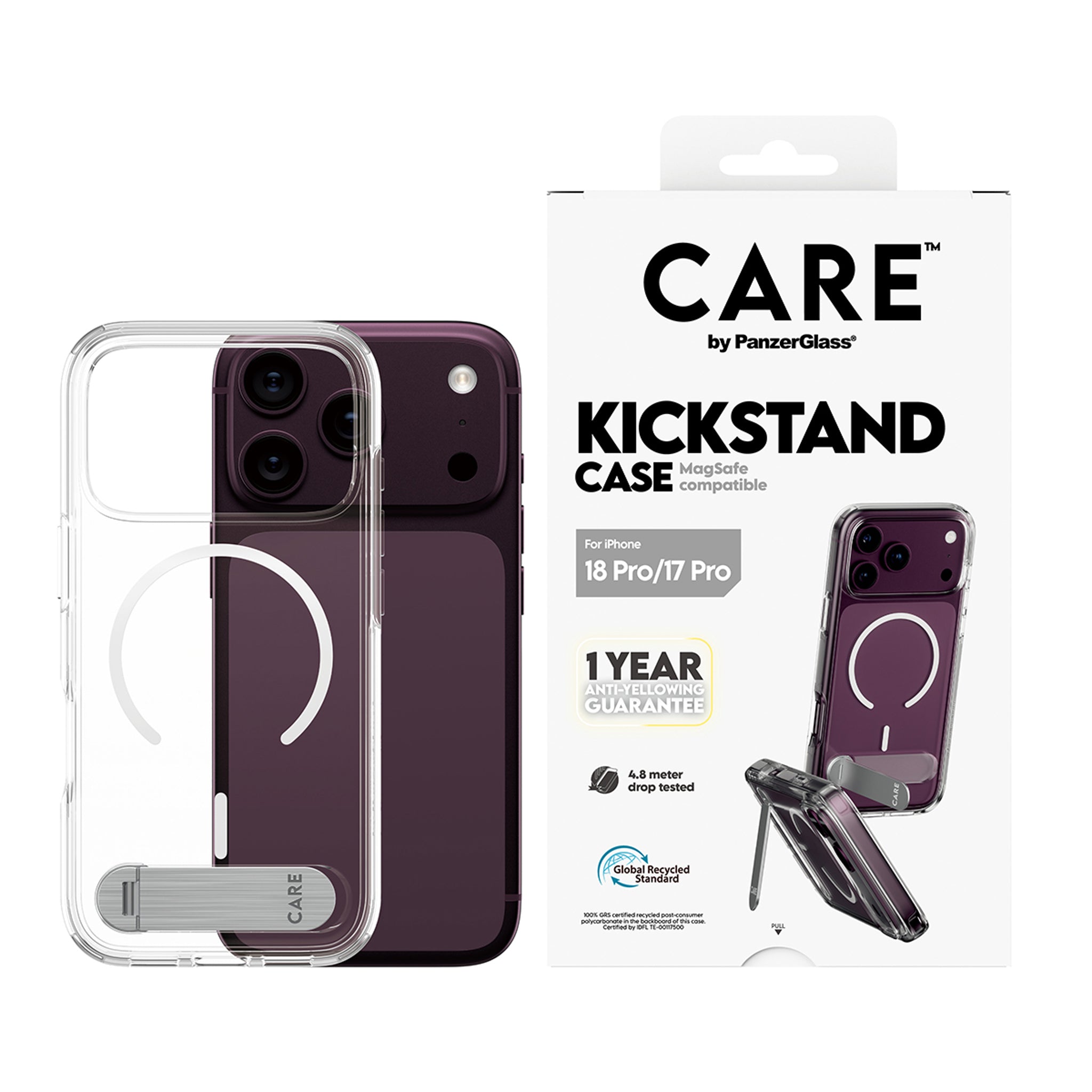 CARE™ by PanzerGlass® Kickstand Case Transparent m. Weiss MagSafe iPhone 18 Pro | 17 Pro