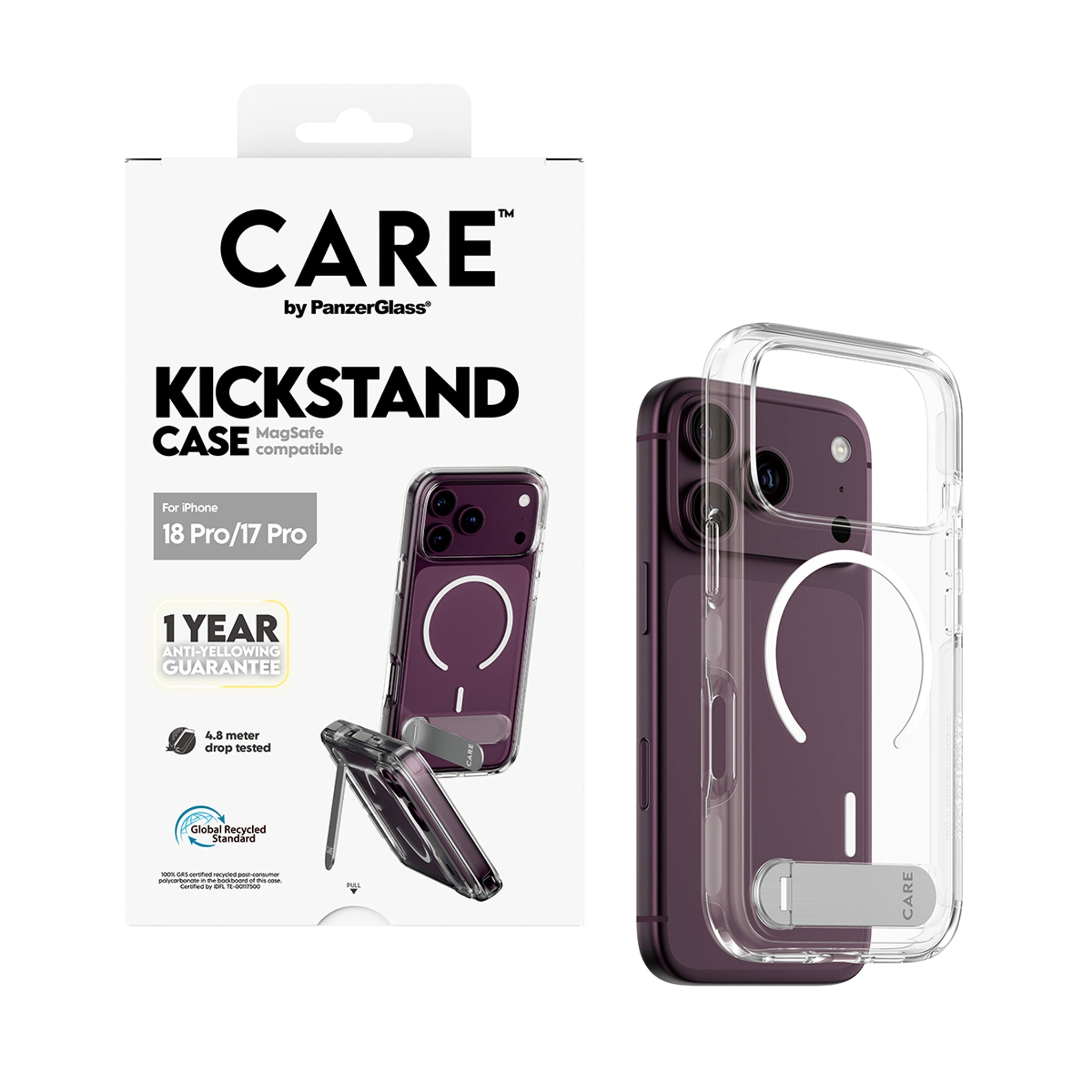 CARE™ by PanzerGlass® Kickstand Case Transparent m. Weiss MagSafe iPhone 18 Pro | 17 Pro