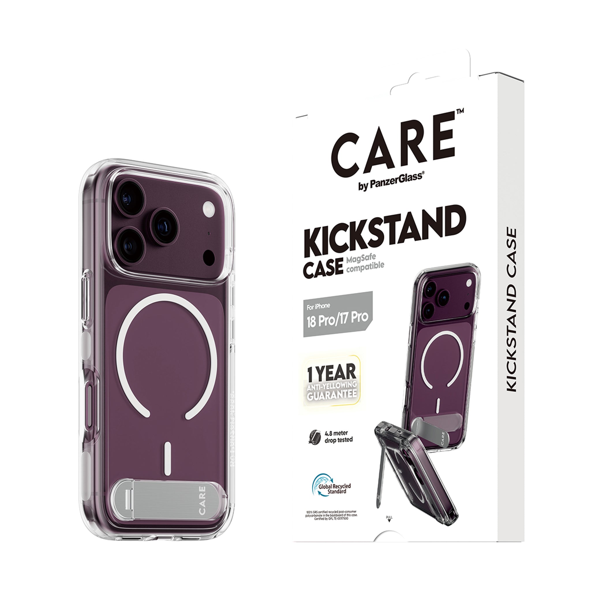 CARE™ by PanzerGlass® Kickstand Case Transparent m. Weiss MagSafe iPhone 18 Pro | 17 Pro