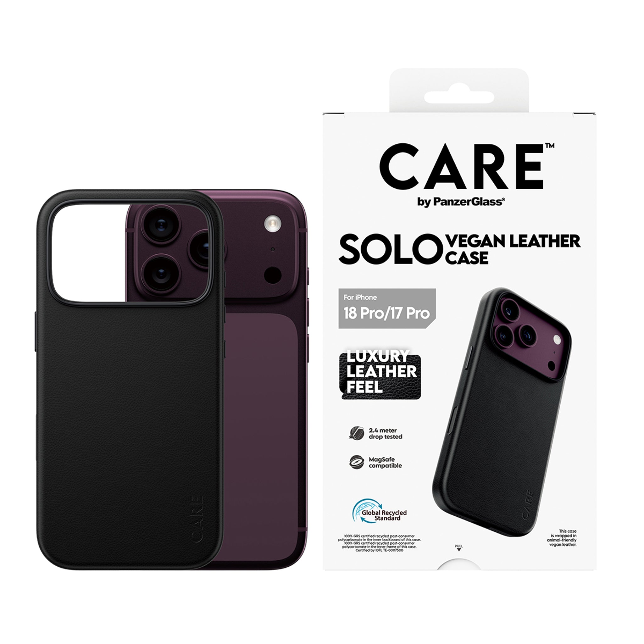 CARE™ by PanzerGlass® Solo Vegan Leather Case Schwarz m. MagSafe iPhone 18 Pro | 17 Pro