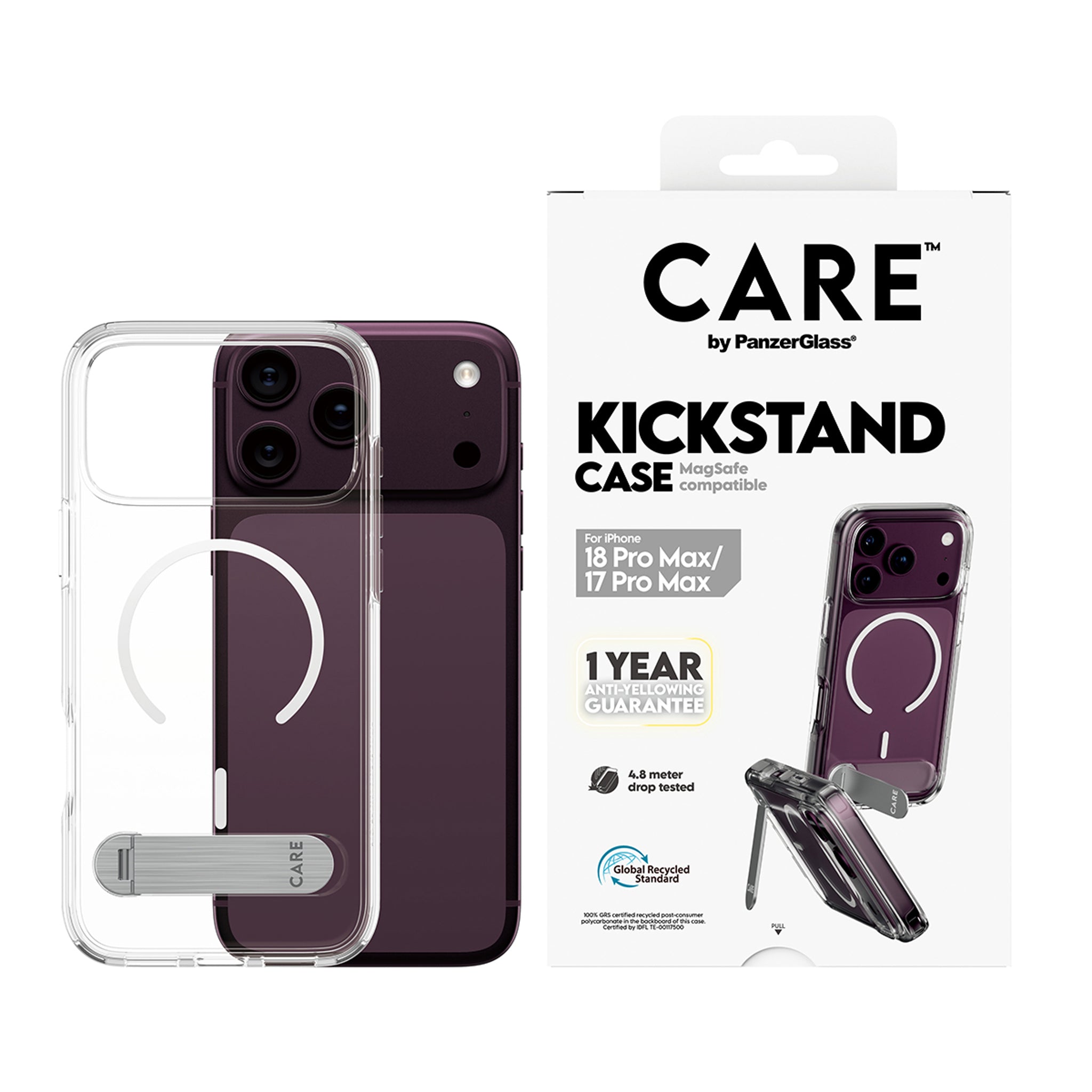 CARE™ by PanzerGlass® Kickstand Case Transparent m. Weiss MagSafe iPhone 18 Pro Max | 17 Pro Max