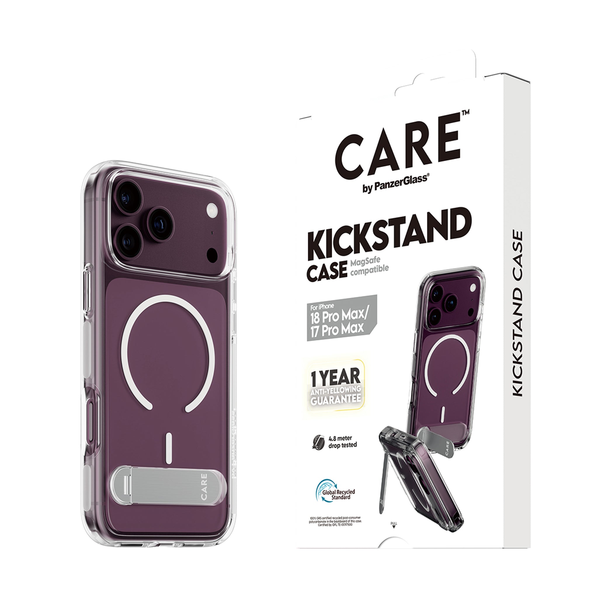 CARE™ by PanzerGlass® Kickstand Case Transparent m. Weiss MagSafe iPhone 18 Pro Max | 17 Pro Max