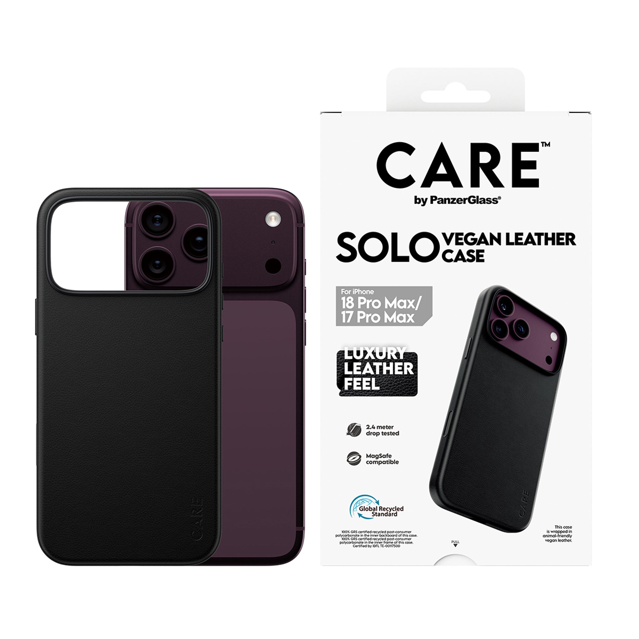 CARE™ by PanzerGlass® Solo Vegan Leather Case Schwarz m. MagSafe iPhone 18 Pro Max | 17 Pro Max