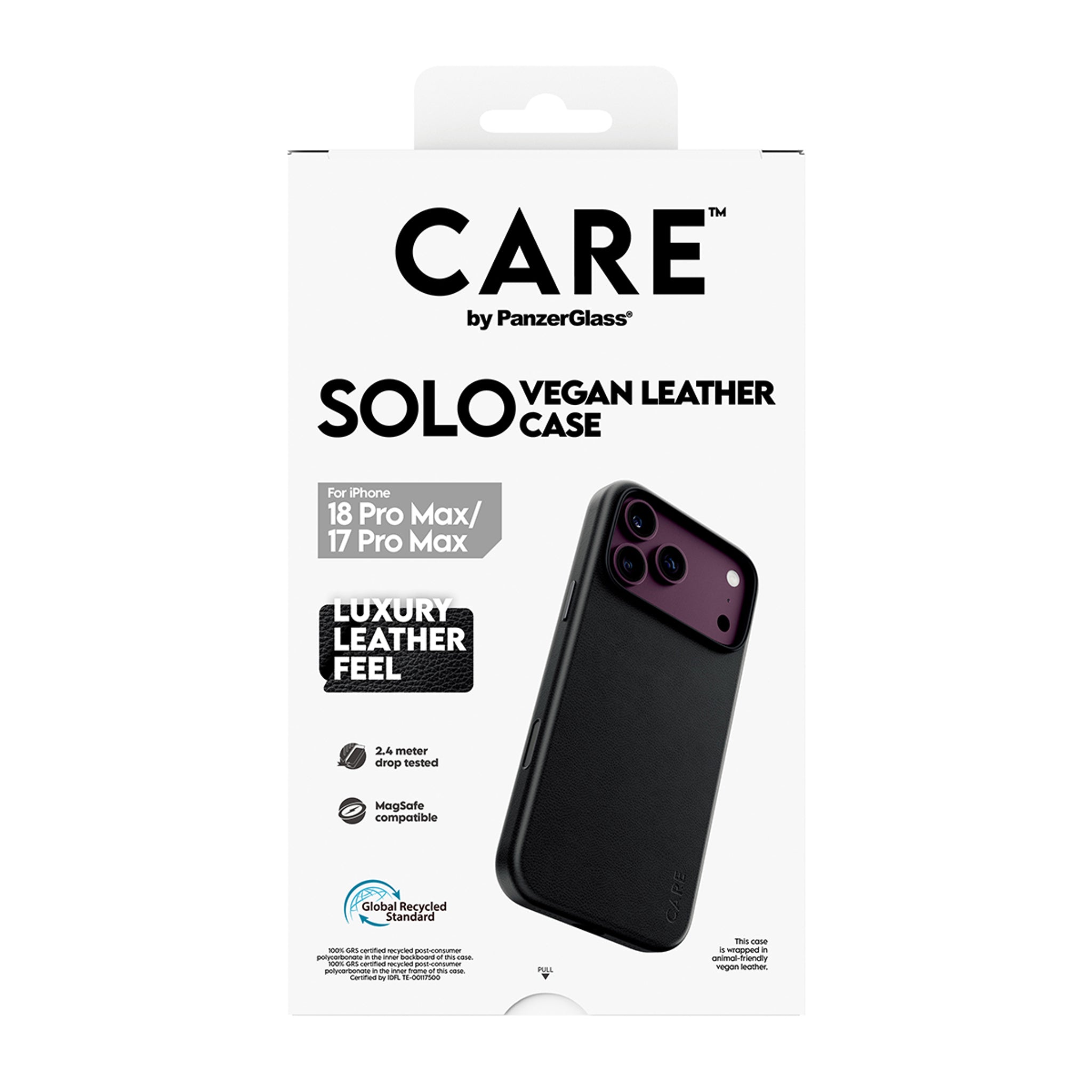 CARE™ by PanzerGlass® Solo Vegan Leather Case Schwarz m. MagSafe iPhone 18 Pro Max | 17 Pro Max