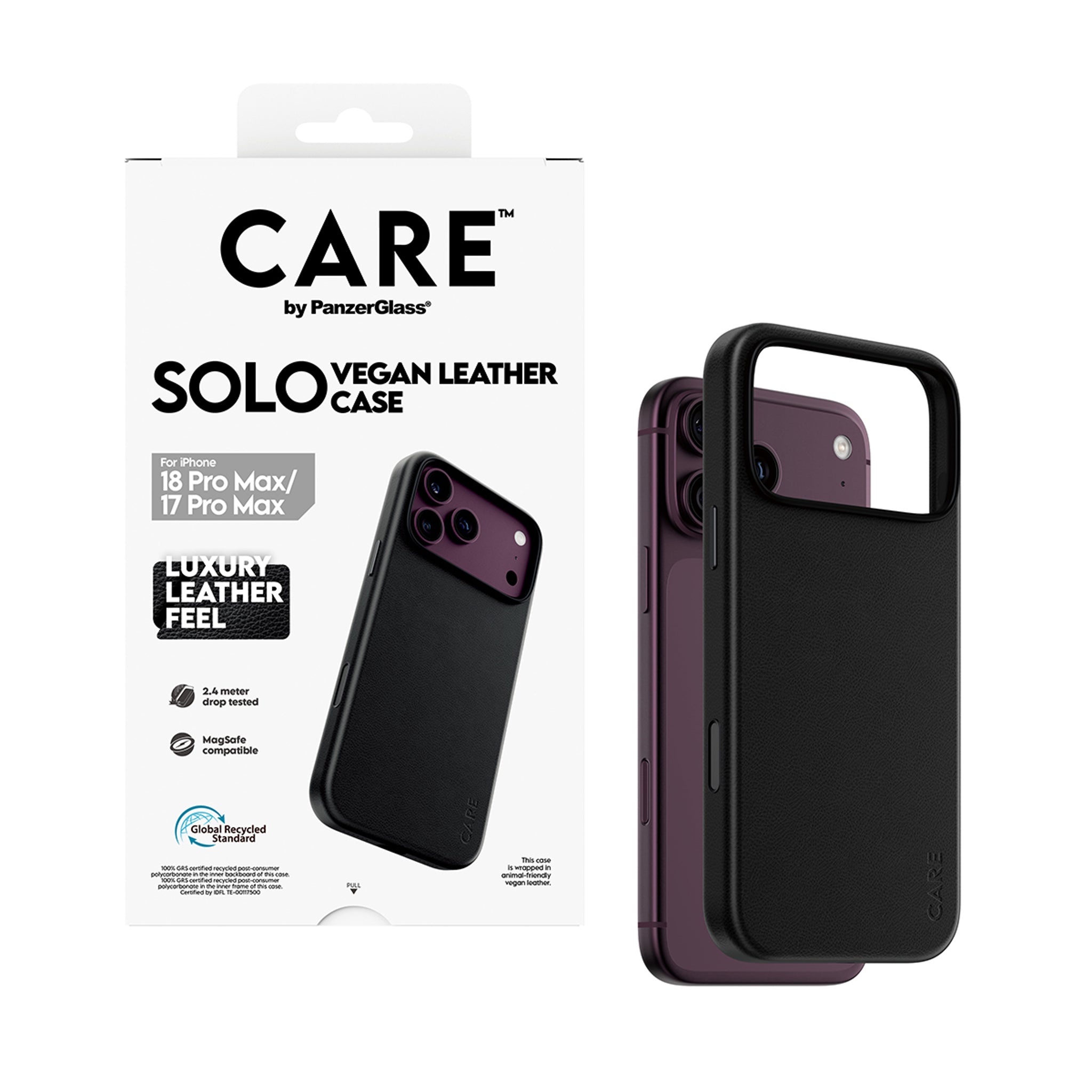 CARE™ by PanzerGlass® Solo Vegan Leather Case Schwarz m. MagSafe iPhone 18 Pro Max | 17 Pro Max
