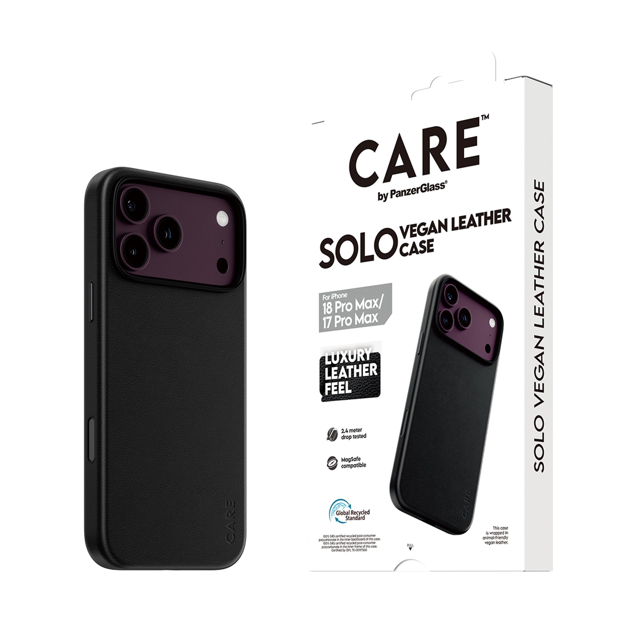 CARE™ by PanzerGlass® Solo Vegan Leather Case Schwarz m. MagSafe iPhone 18 Pro Max | 17 Pro Max