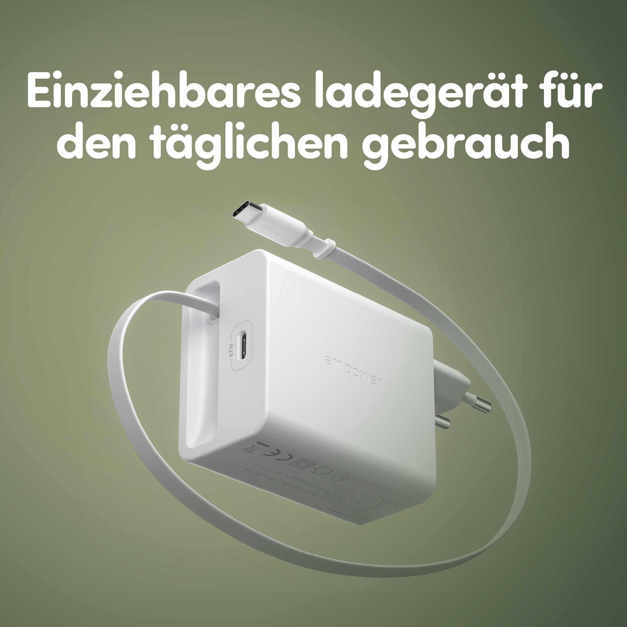 empower™ by PanzerGlass® Turbo 67W Retractable Cable Guy Ladegarät inkl. USB-C Kabel | EU Anschluss | Silber Weiß