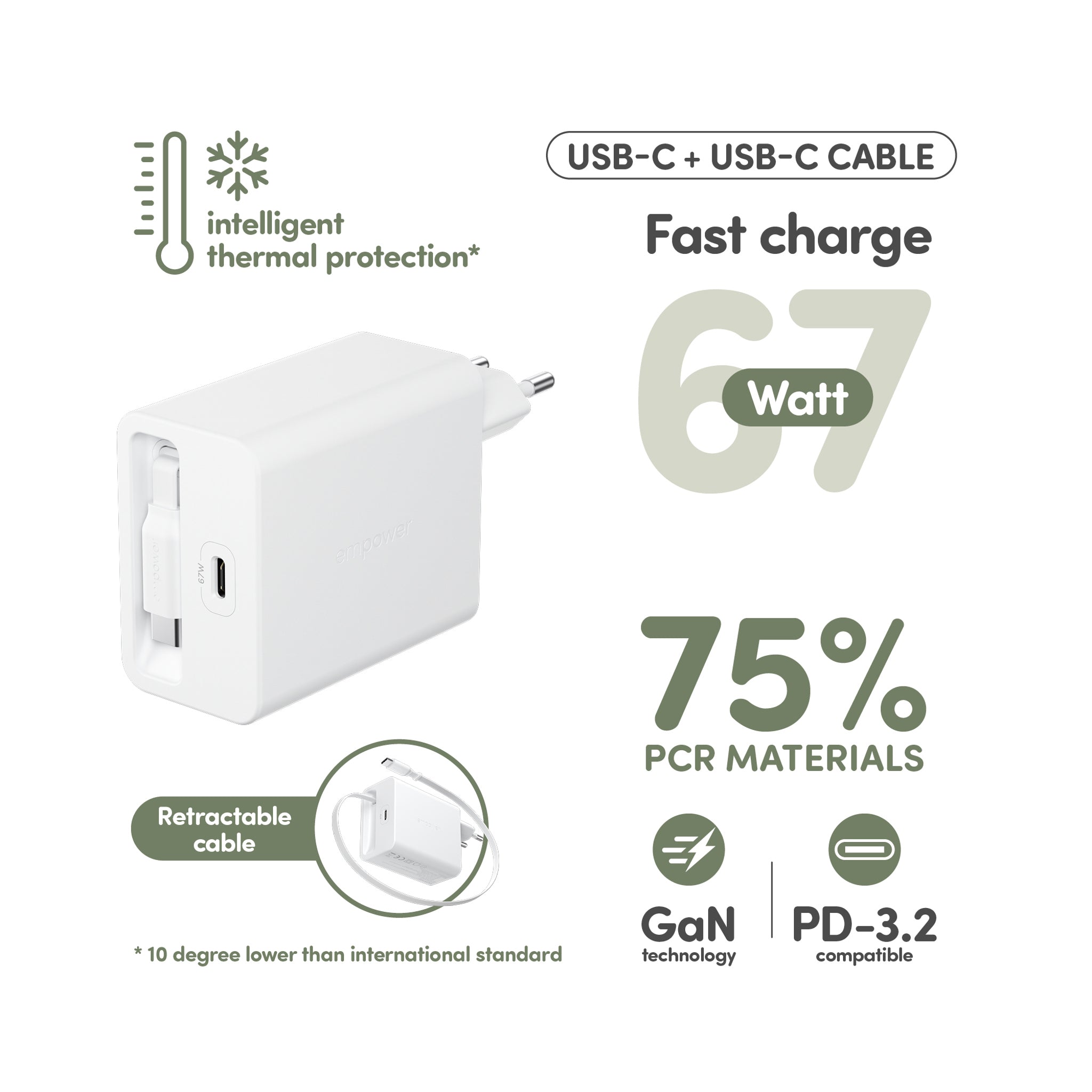 empower™ by PanzerGlass® Turbo 67W Retractable Cable Guy Ladegarät inkl. USB-C Kabel | EU Anschluss | Silber Weiß
