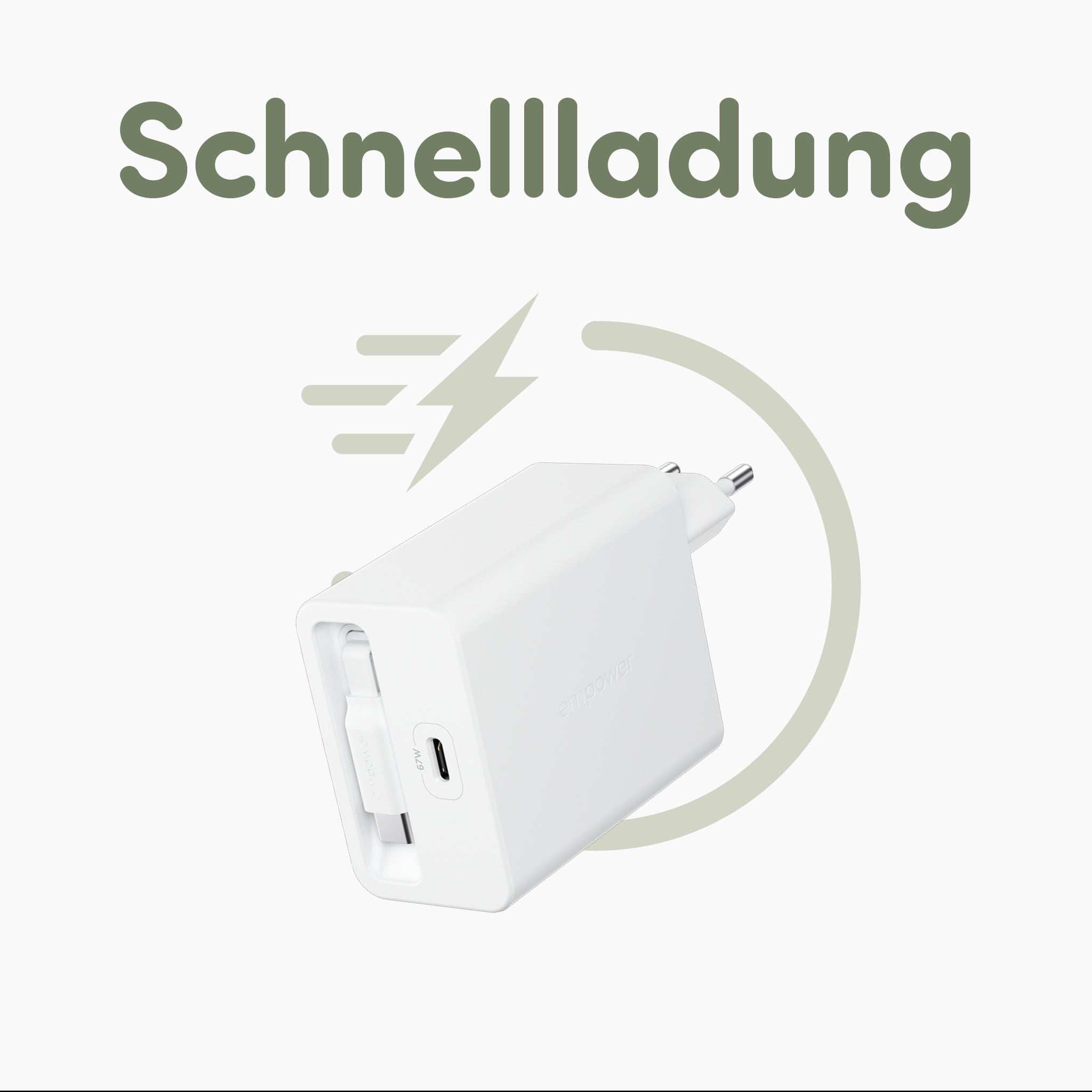empower™ by PanzerGlass® Turbo 67W Retractable Cable Guy Ladegarät inkl. USB-C Kabel | EU Anschluss | Silber Weiß