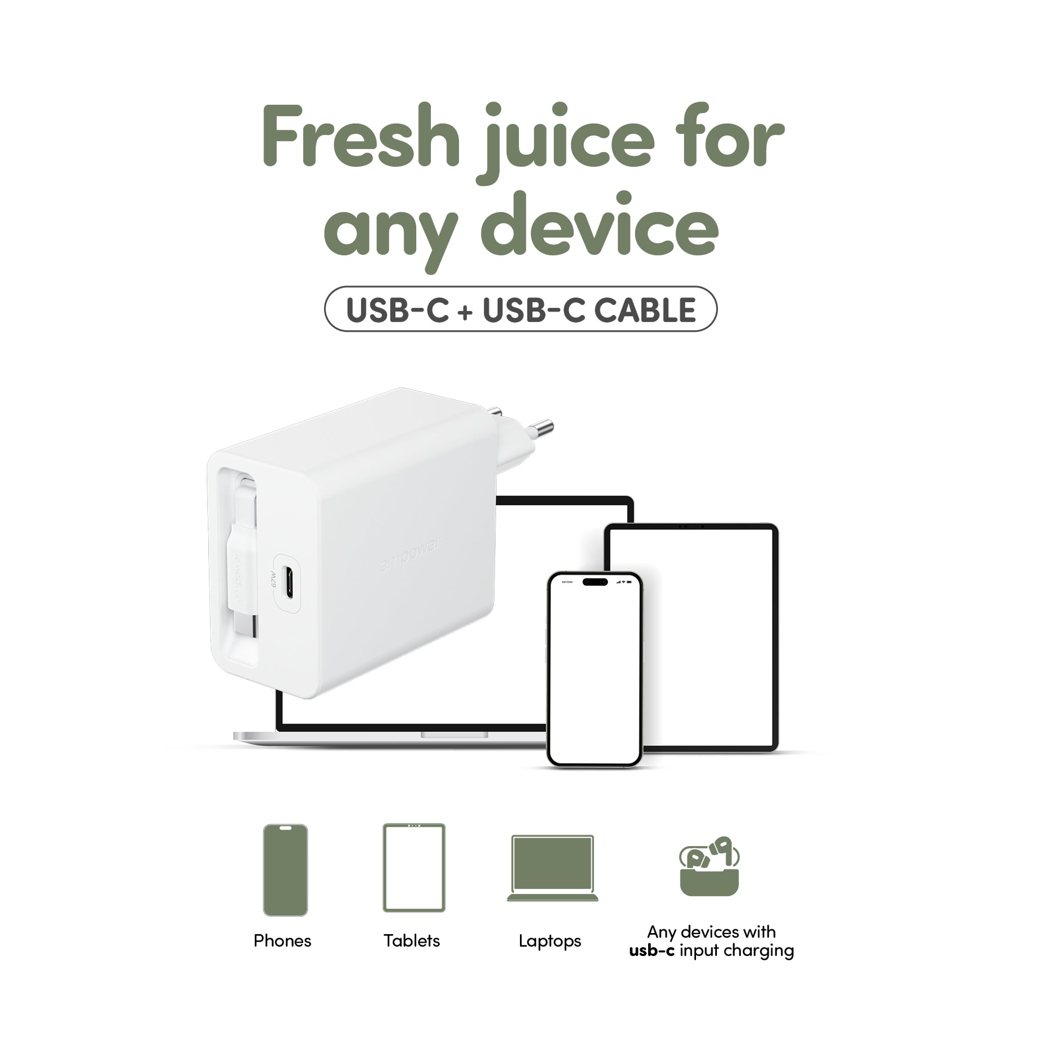 empower™ by PanzerGlass® Turbo 67W Retractable Cable Guy Ladegarät inkl. USB-C Kabel | EU Anschluss | Silber Weiß