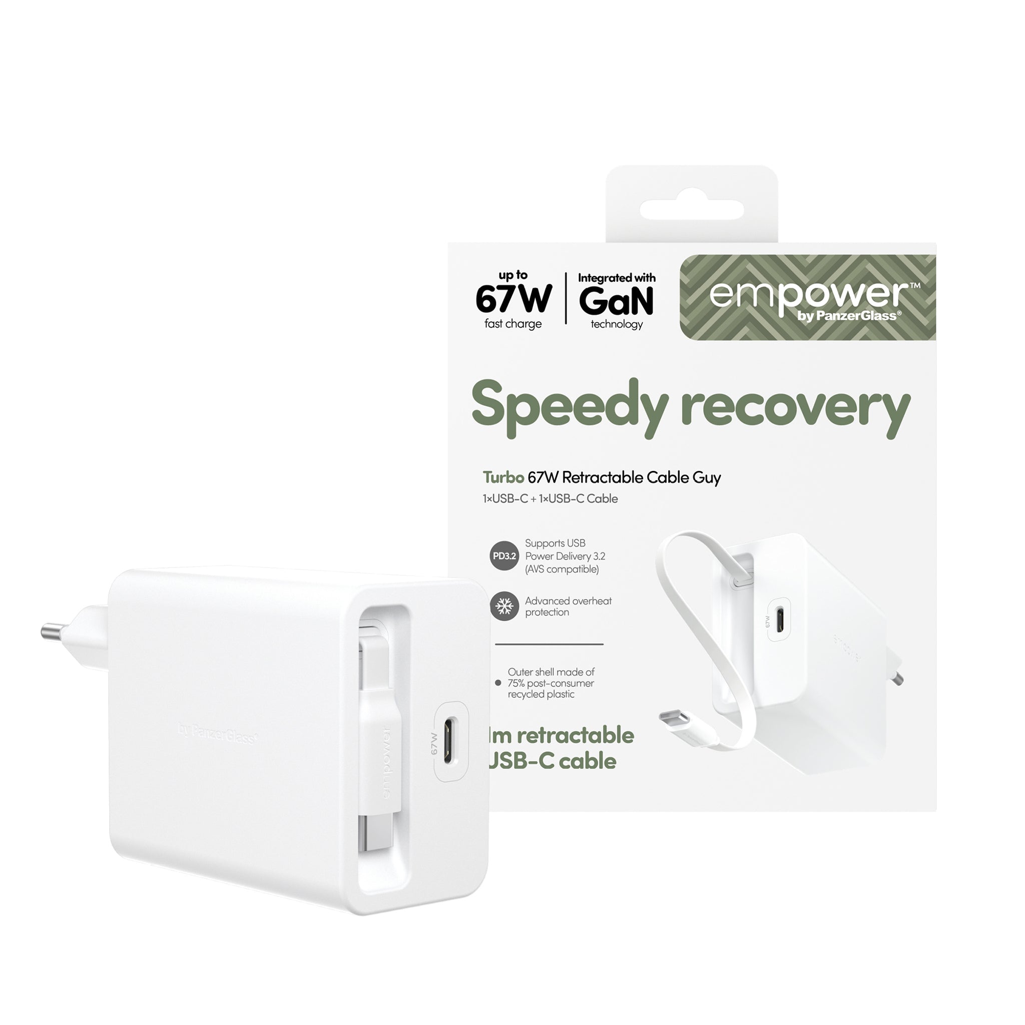 empower™ by PanzerGlass® Turbo 67W Retractable Cable Guy Ladegarät inkl. USB-C Kabel | EU Anschluss | Silber Weiß
