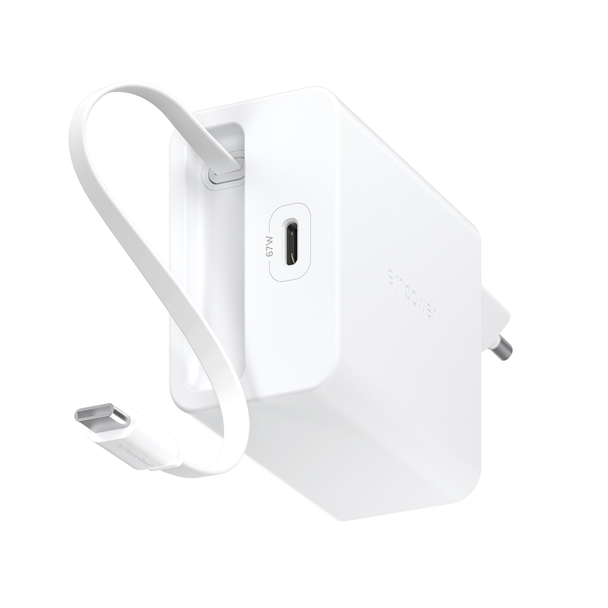 empower™ by PanzerGlass® Turbo 67W Retractable Cable Guy Ladegarät inkl. USB-C Kabel | EU Anschluss | Silber Weiß