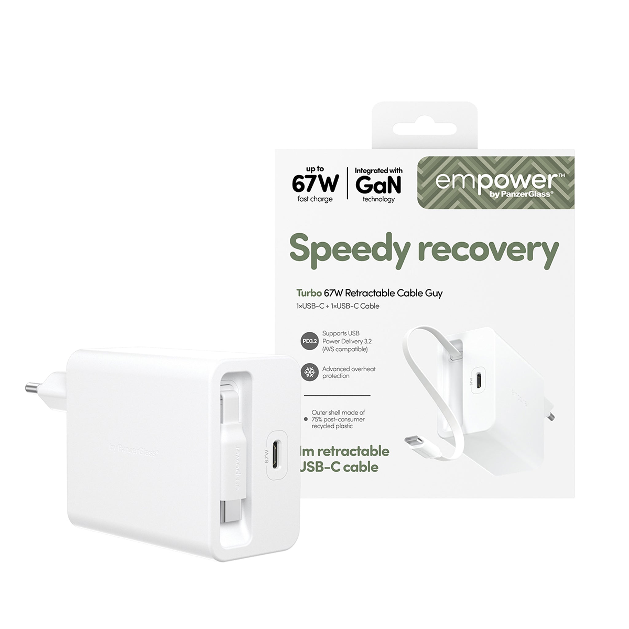 empower™ by PanzerGlass® Turbo 67W Retractable Cable Guy Ladegarät inkl. USB-C Kabel | EU Anschluss | Silber Weiß