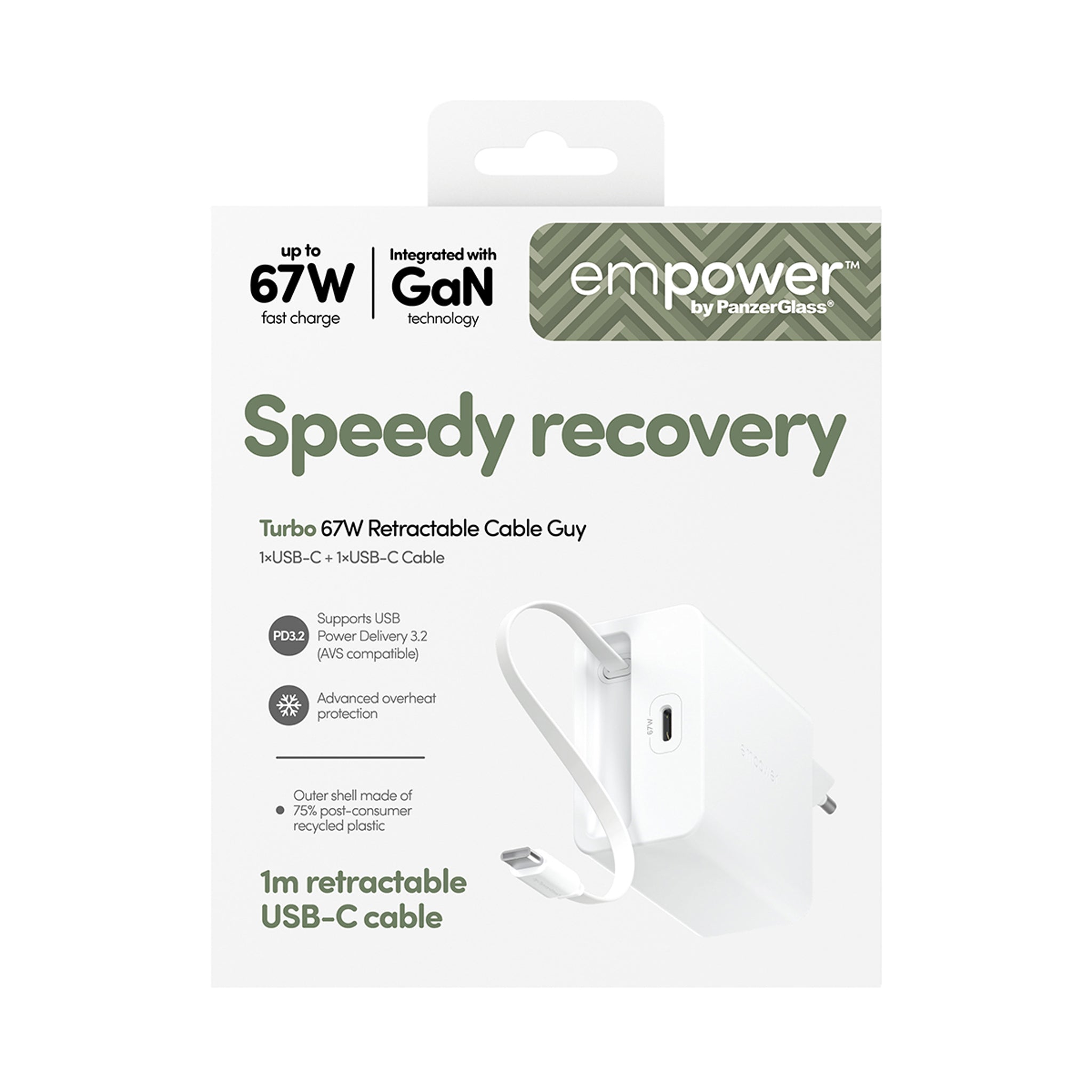 empower™ by PanzerGlass® Turbo 67W Retractable Cable Guy Ladegarät inkl. USB-C Kabel | EU Anschluss | Silber Weiß