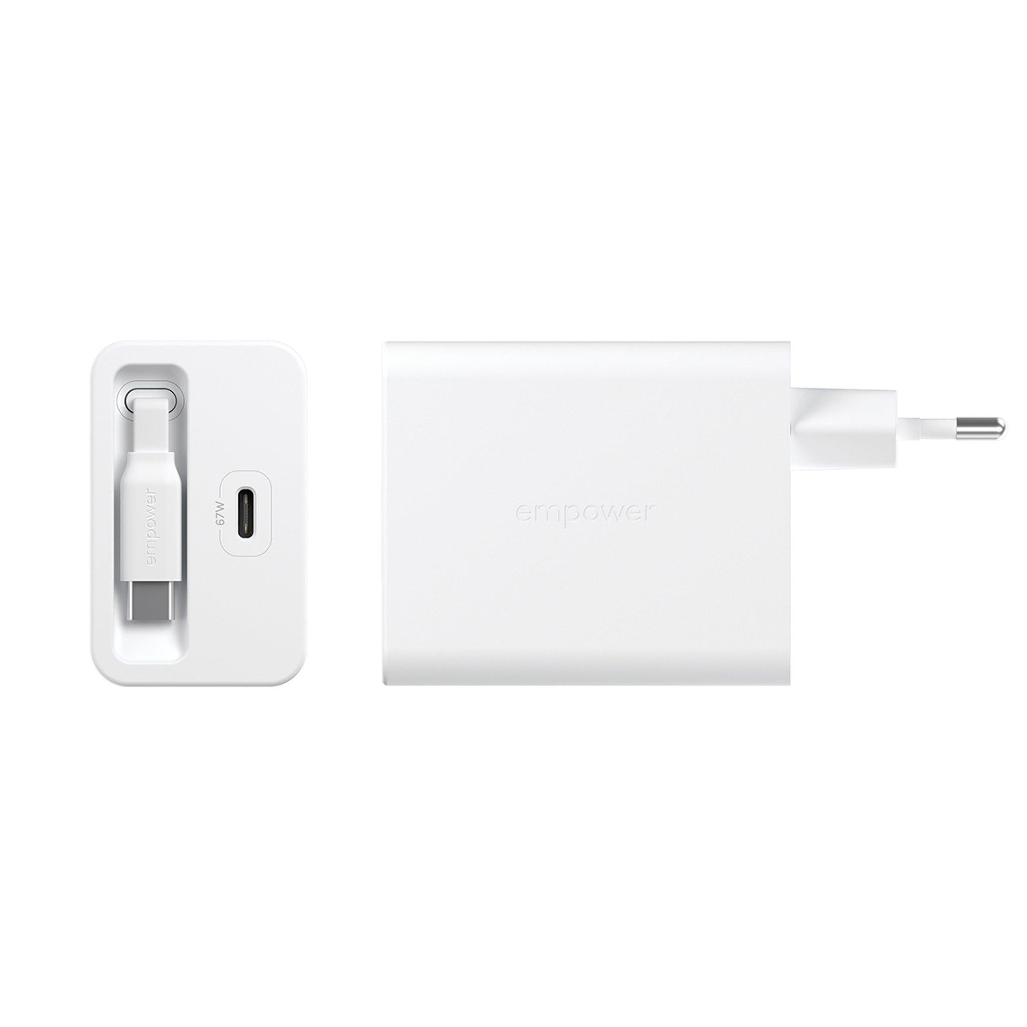 empower™ by PanzerGlass® Turbo 67W Retractable Cable Guy Ladegarät inkl. USB-C Kabel | EU Anschluss | Silber Weiß