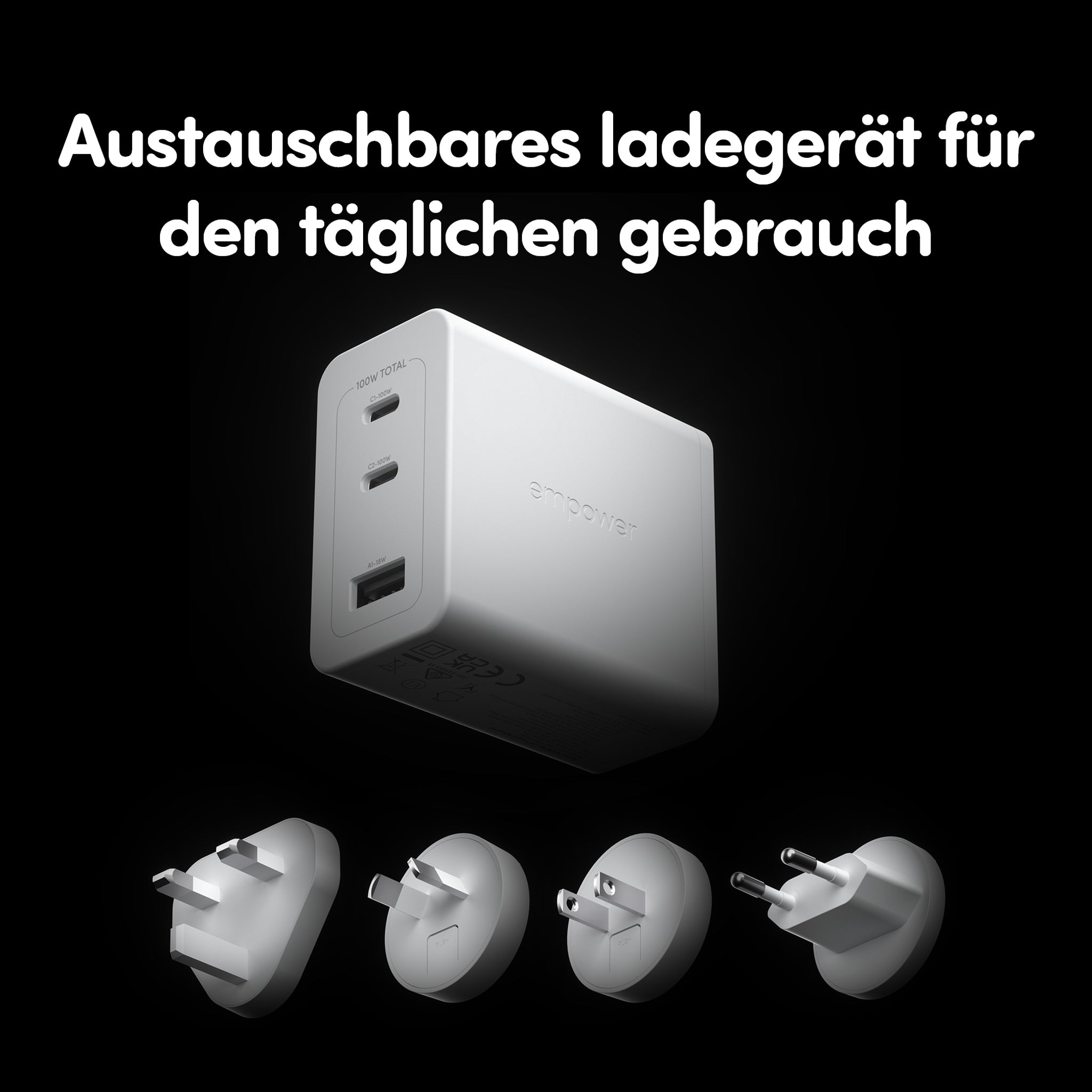 empower™ by PanzerGlass® Turbo 100W World Travel Adaptor inkl. 2 x USB-C + USB-A | Silber Weiß