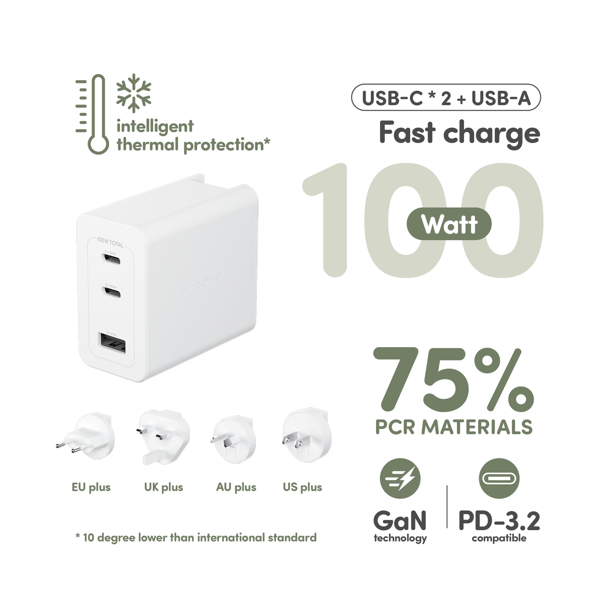 empower™ by PanzerGlass® Turbo 100W World Travel Adaptor inkl. 2 x USB-C + USB-A | Silber Weiß