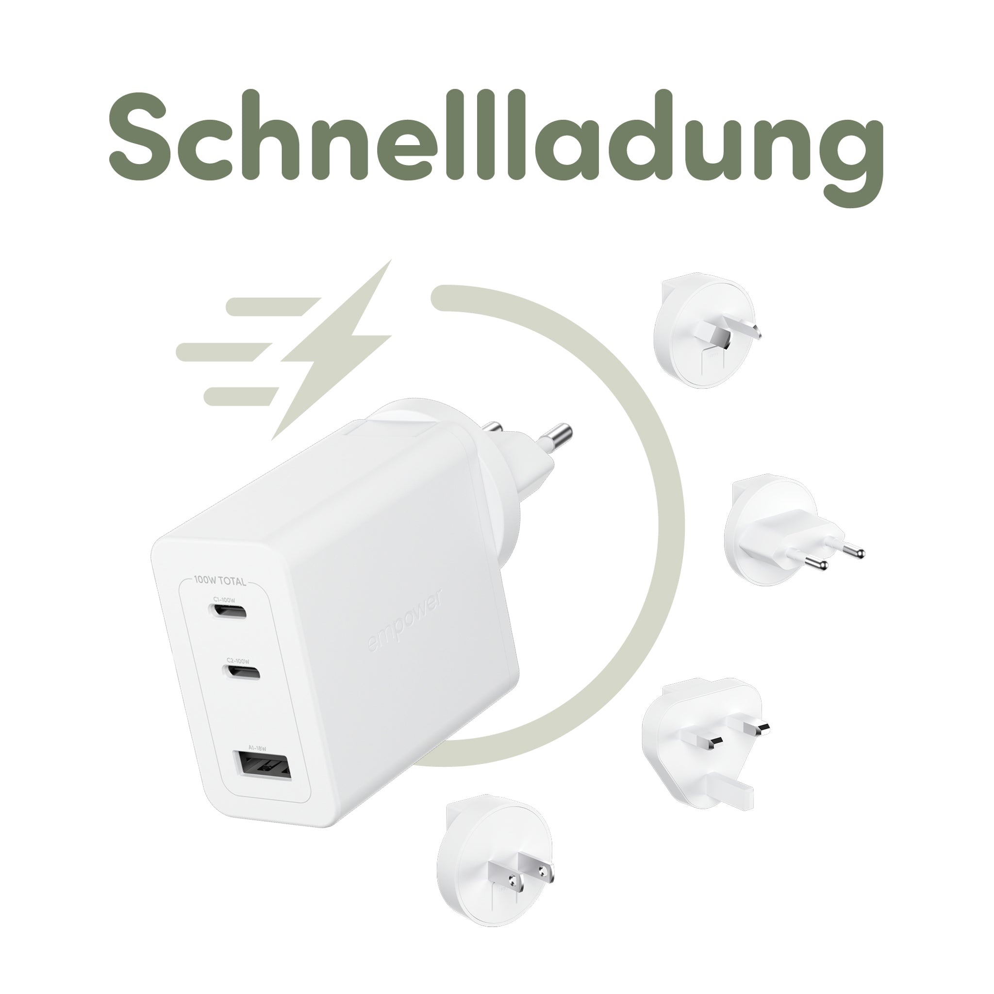 empower™ by PanzerGlass® Turbo 100W World Travel Adaptor inkl. 2 x USB-C + USB-A | Silber Weiß