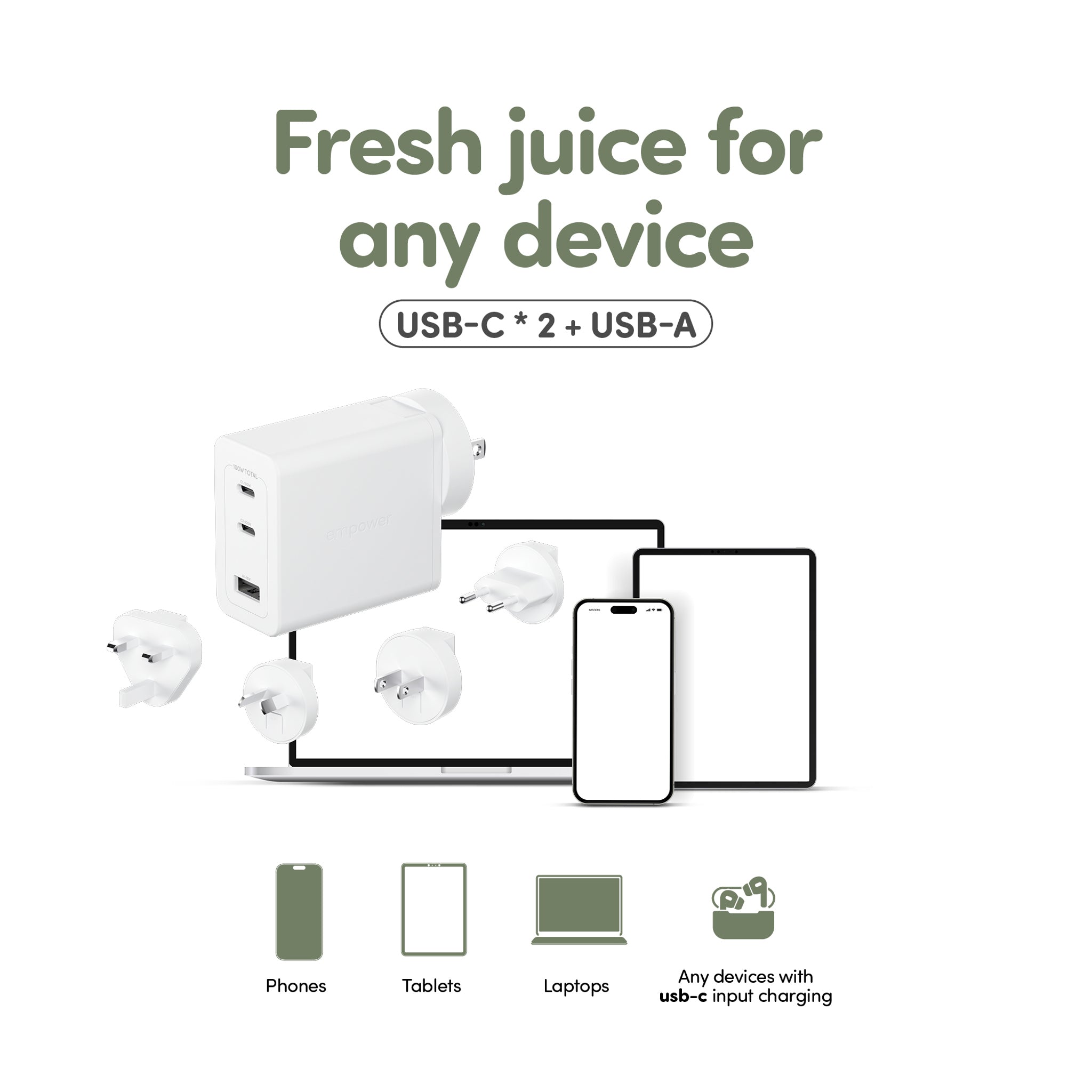 empower™ by PanzerGlass® Turbo 100W World Travel Adaptor inkl. 2 x USB-C + USB-A | Silber Weiß