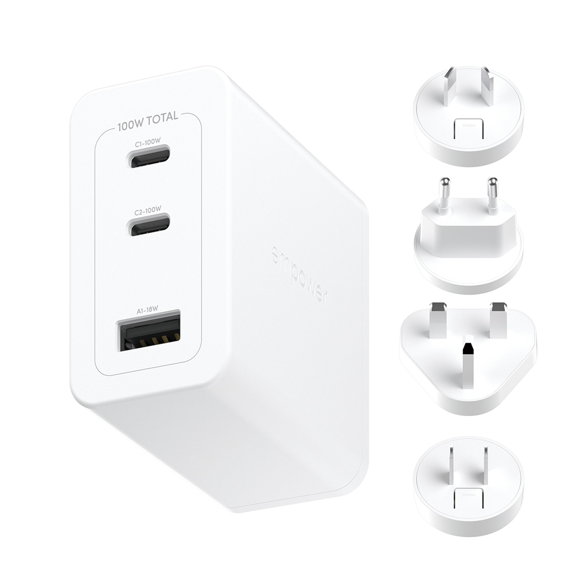 empower™ by PanzerGlass® Turbo 100W World Travel Adaptor inkl. 2 x USB-C + USB-A | Silber Weiß
