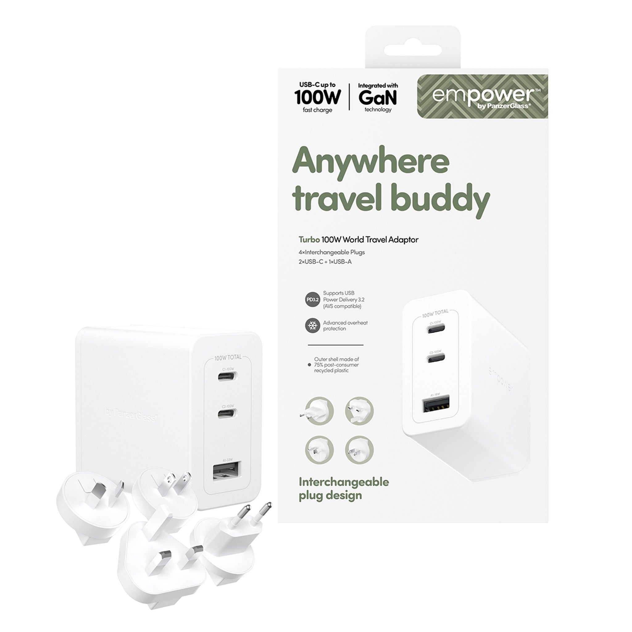 empower™ by PanzerGlass® Turbo 100W World Travel Adaptor inkl. 2 x USB-C + USB-A | Silber Weiß