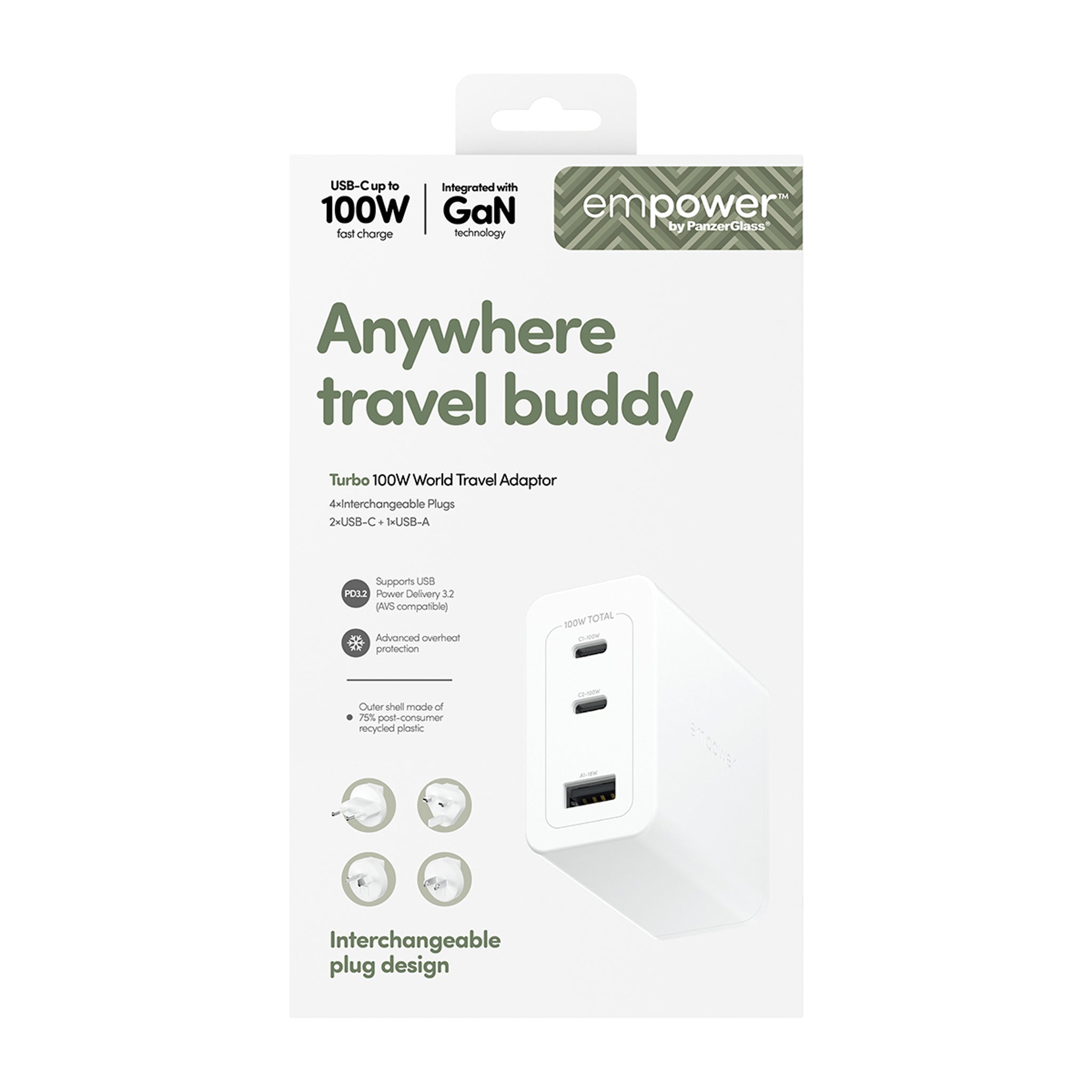 empower™ by PanzerGlass® Turbo 100W World Travel Adaptor inkl. 2 x USB-C + USB-A | Silber Weiß