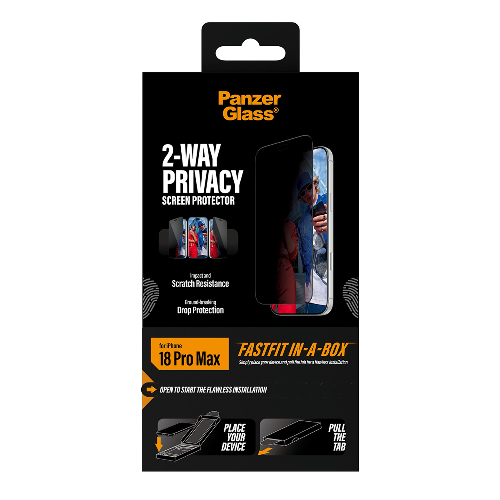 PanzerGlass® 2-Way Privacy Displayschutz iPhone 18 Pro Max | Ultra-Wide Fit m. FASTFIT IN-A-BOX
