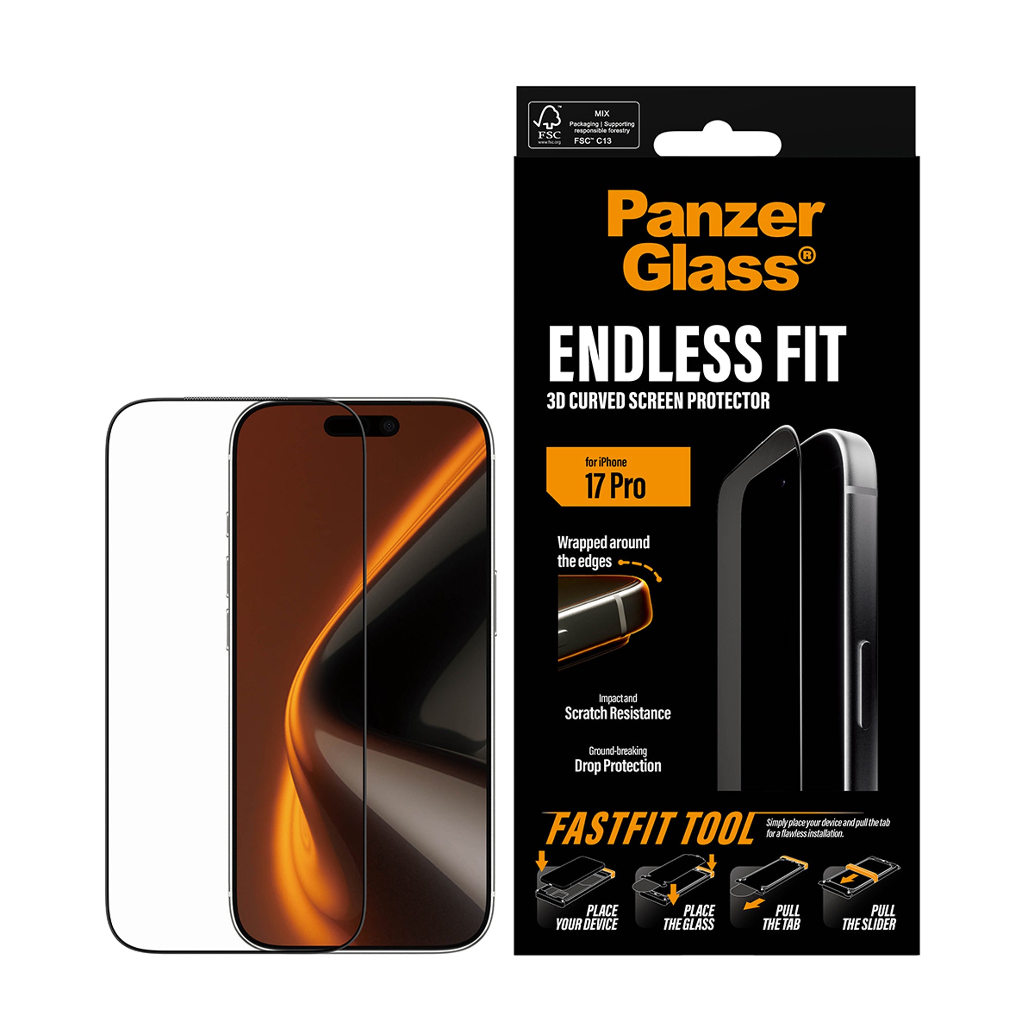 PanzerGlass® Endless Fit 3D Curve Displayschutz iPhone 18 Pro | 17 Pro m. FastFit Tool