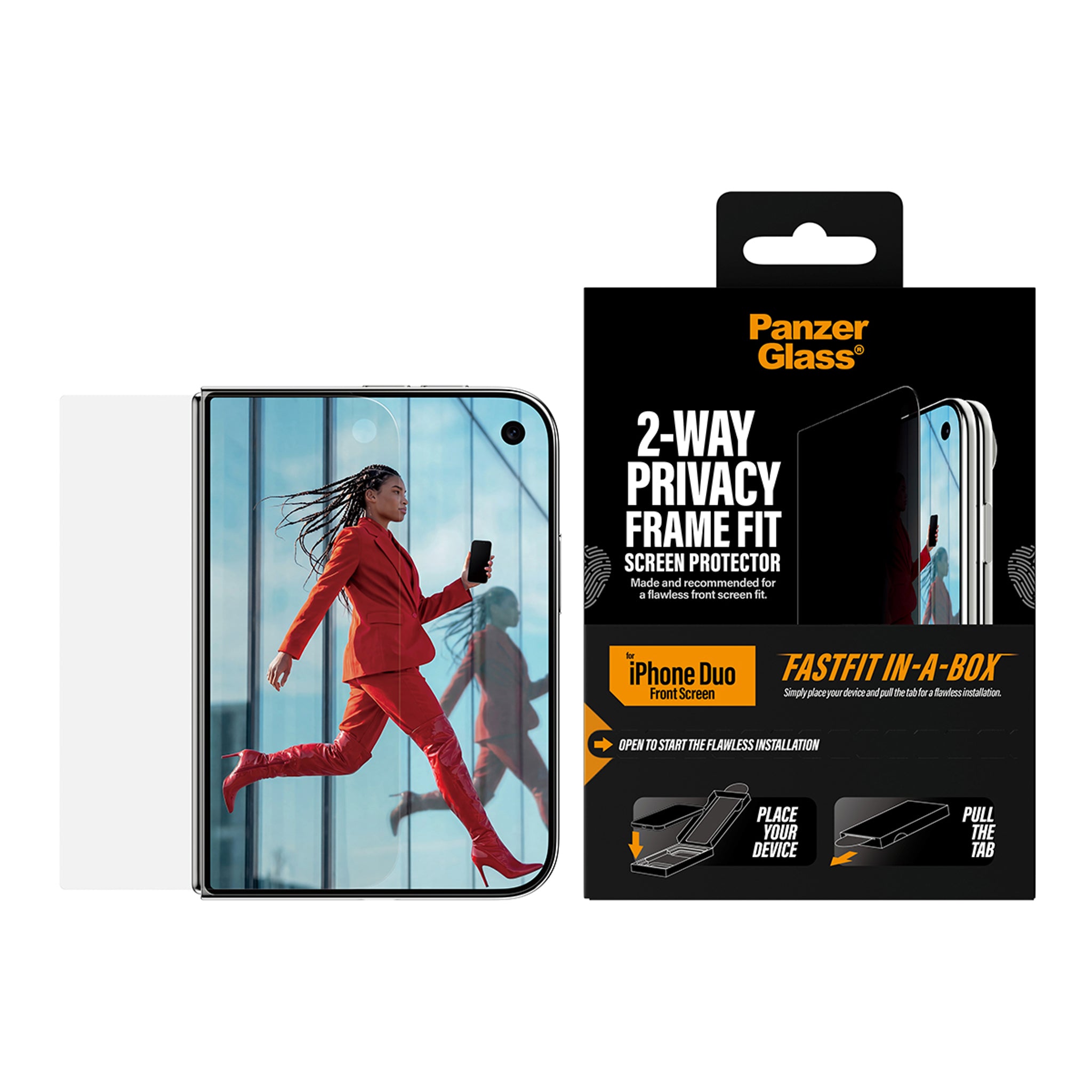 PanzerGlass® 2-Way Privacy Außendisplay Displayschutz iPhone Duo | FRAME FIT m. FASTFIT IN-A-BOX