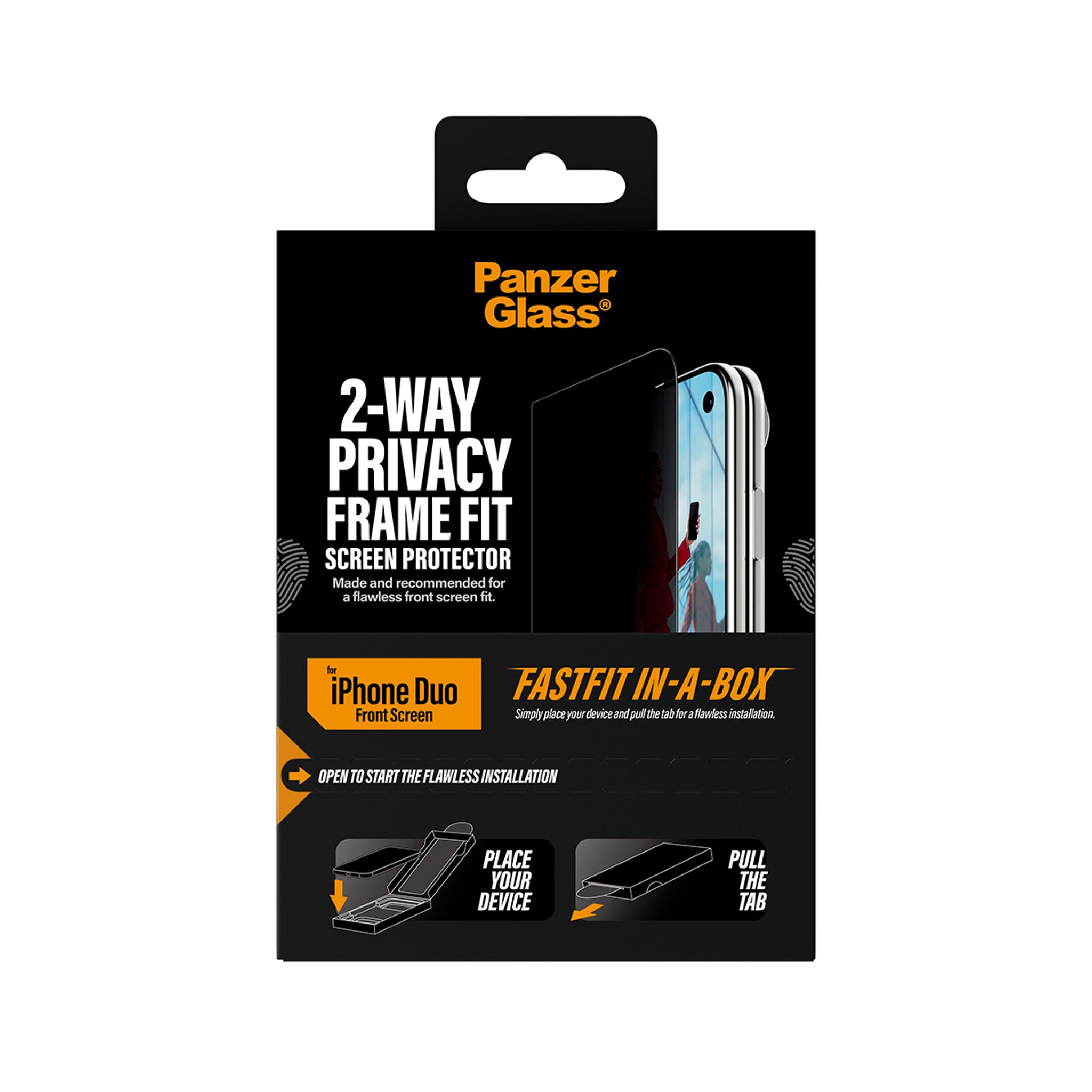 PanzerGlass® 2-Way Privacy Außendisplay Displayschutz iPhone Duo | FRAME FIT m. FASTFIT IN-A-BOX