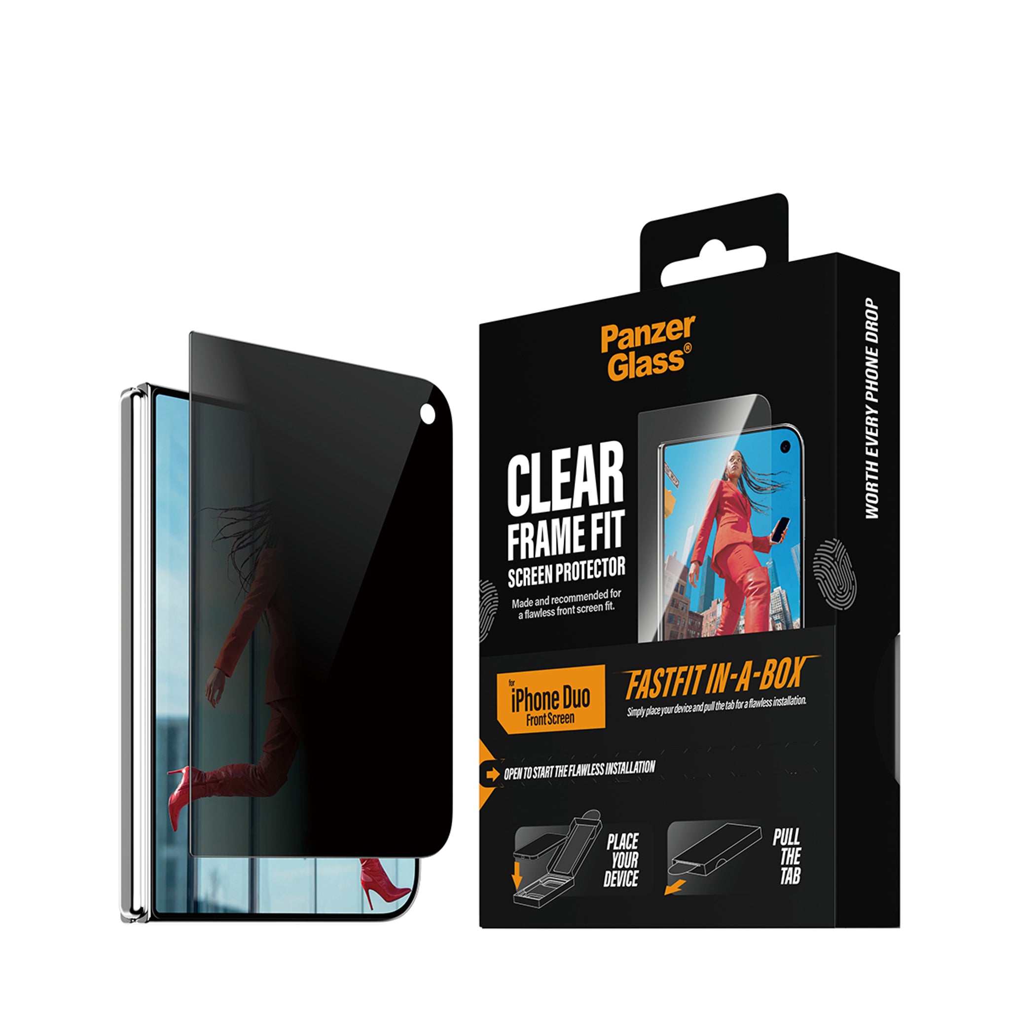 PanzerGlass® 2-Way Privacy Außendisplay Displayschutz iPhone Duo | FRAME FIT m. FASTFIT IN-A-BOX