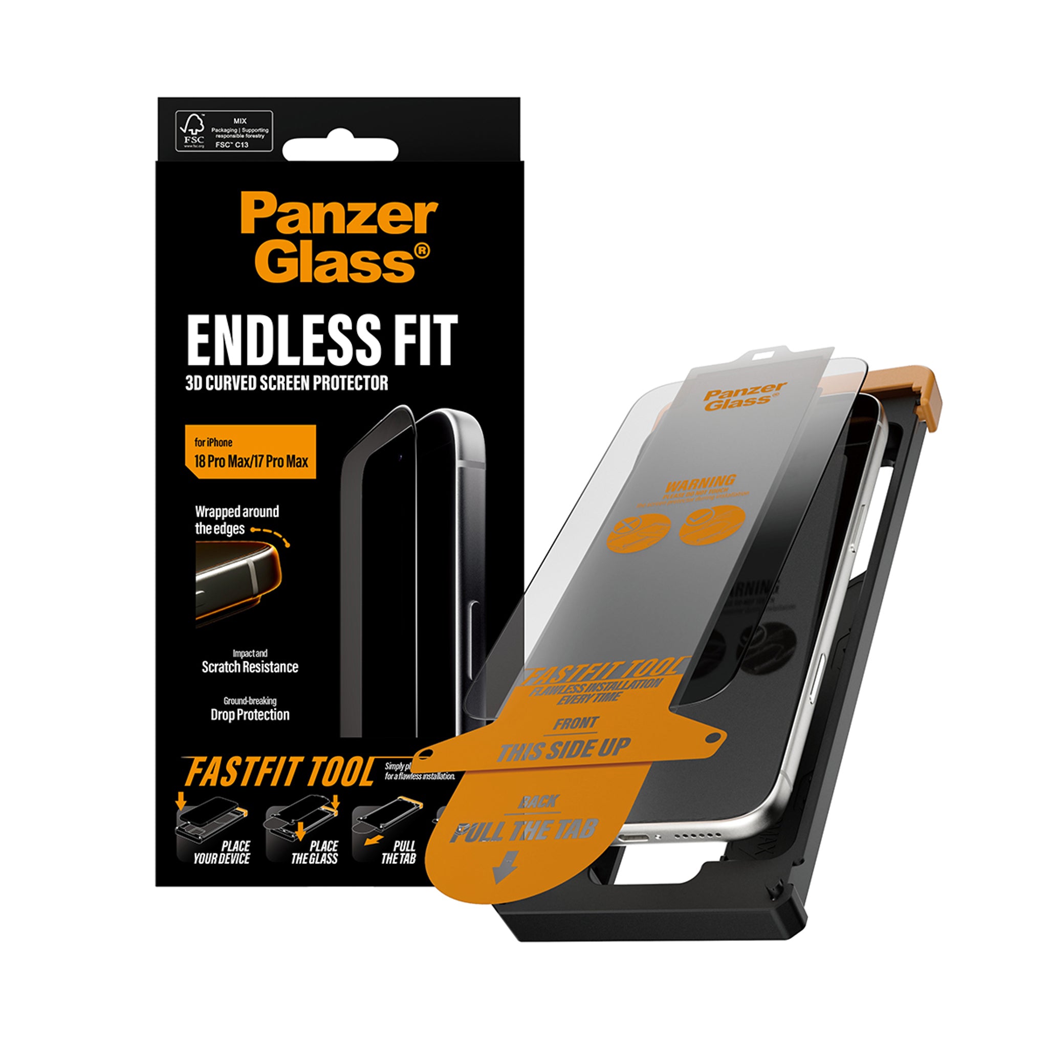 PanzerGlass® Endless Fit 3D Curve Displayschutz iPhone 18 Pro Max | 17 Pro Max m. FastFit Tool