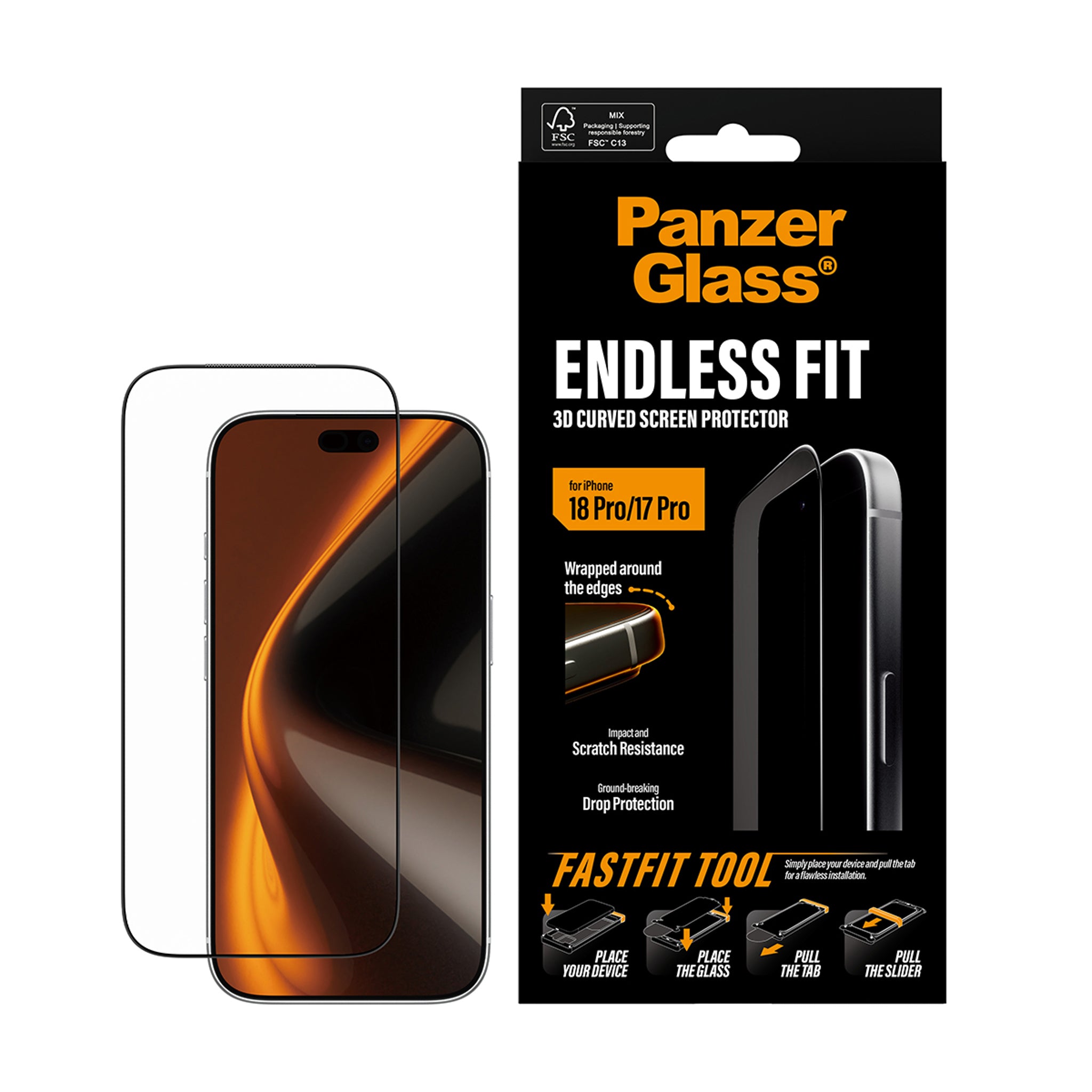 PanzerGlass® Endless Fit 3D Curve Displayschutz iPhone 18 Pro | 17 Pro m. FastFit Tool