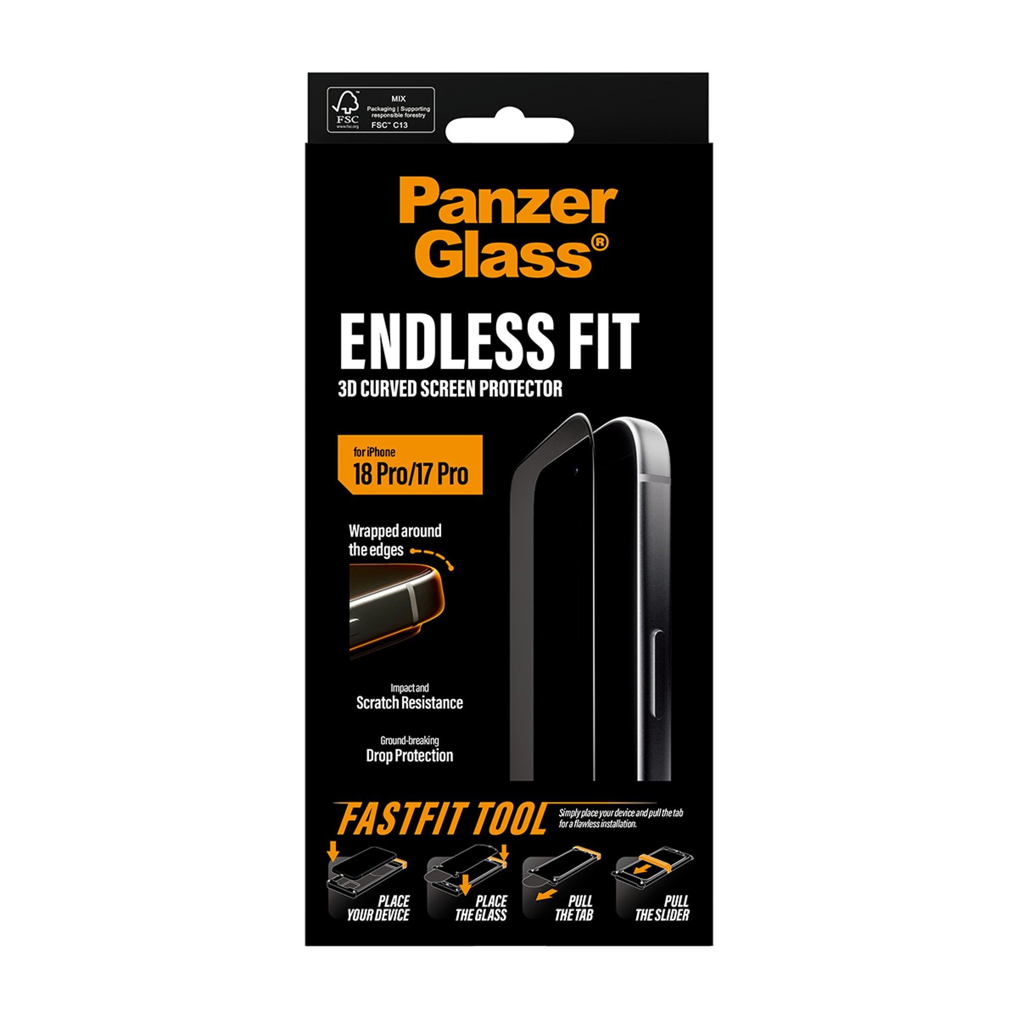 PanzerGlass® Endless Fit 3D Curve Displayschutz iPhone 18 Pro | 17 Pro m. FastFit Tool